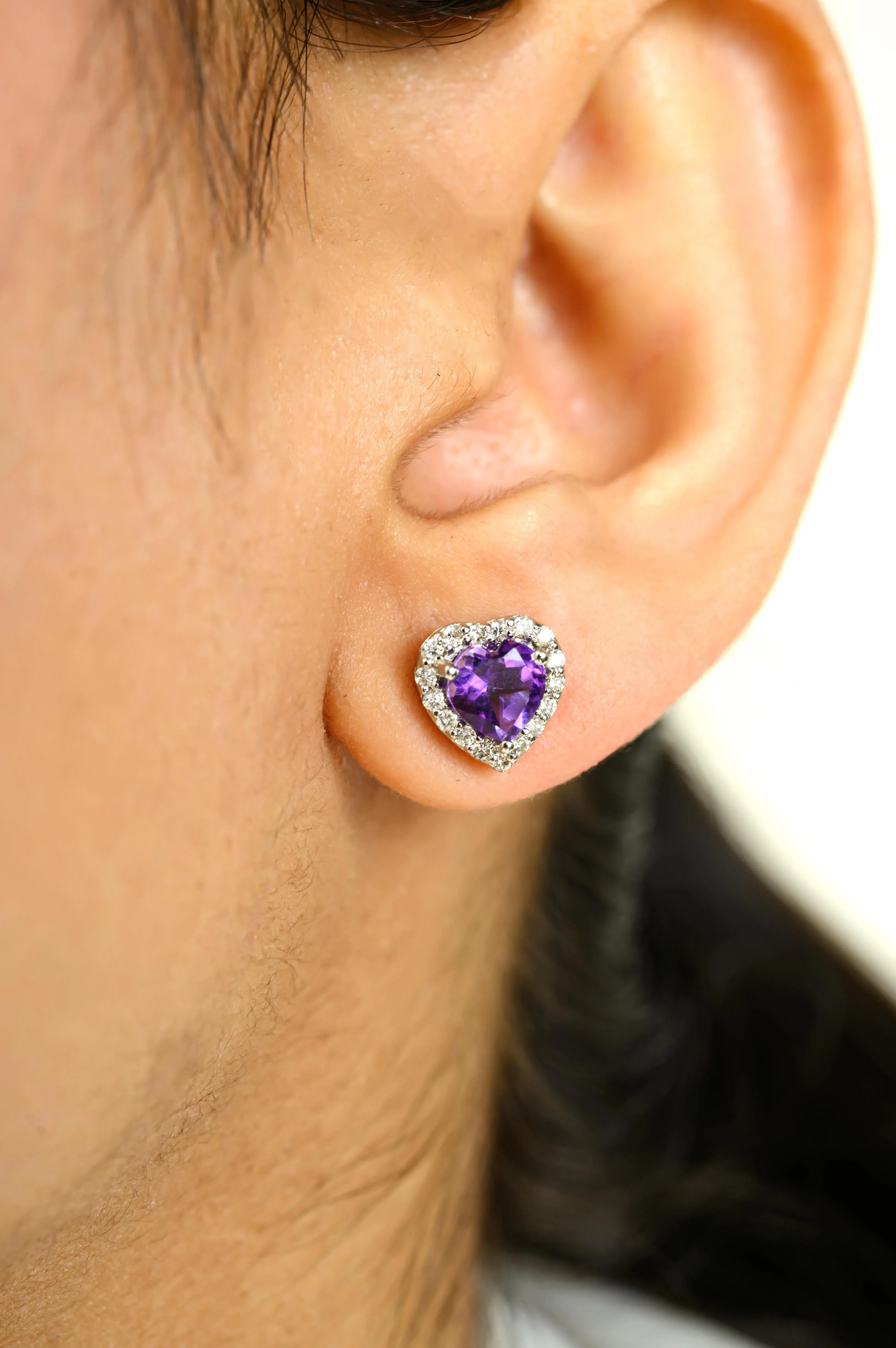 14k Solid Gold Purple Amethyst Diamond Heart Earrings- A Pair