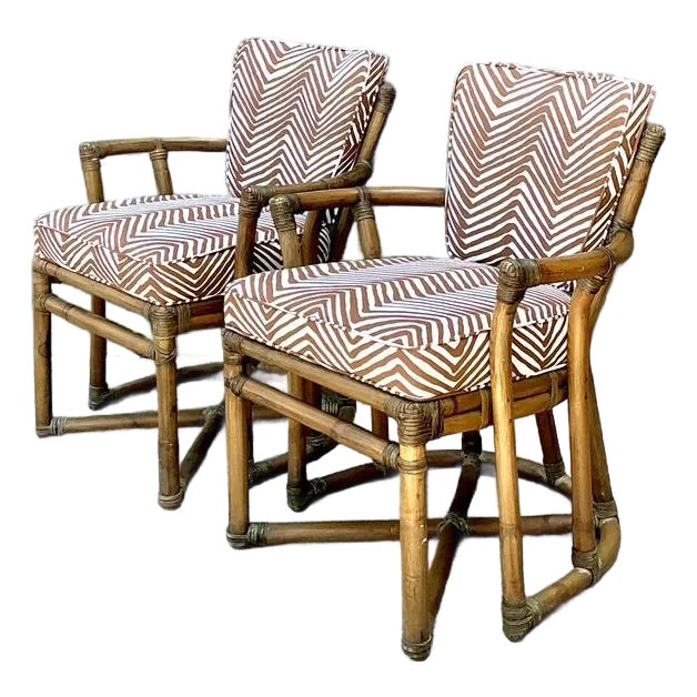 Vintage McGuire Rattan Lounge Chairs in Quadrille Alam Campbell “Zig Zag” - A Pair