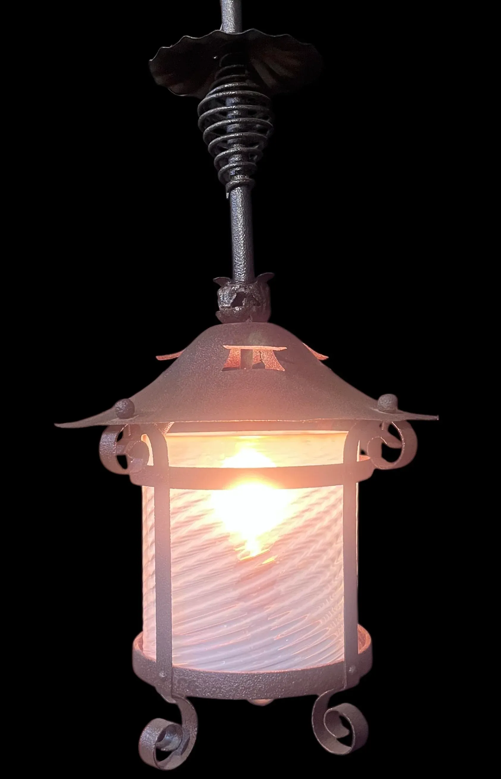 Late 19th Century Dark Cast Iron Pendant Light With Light Blue Shade