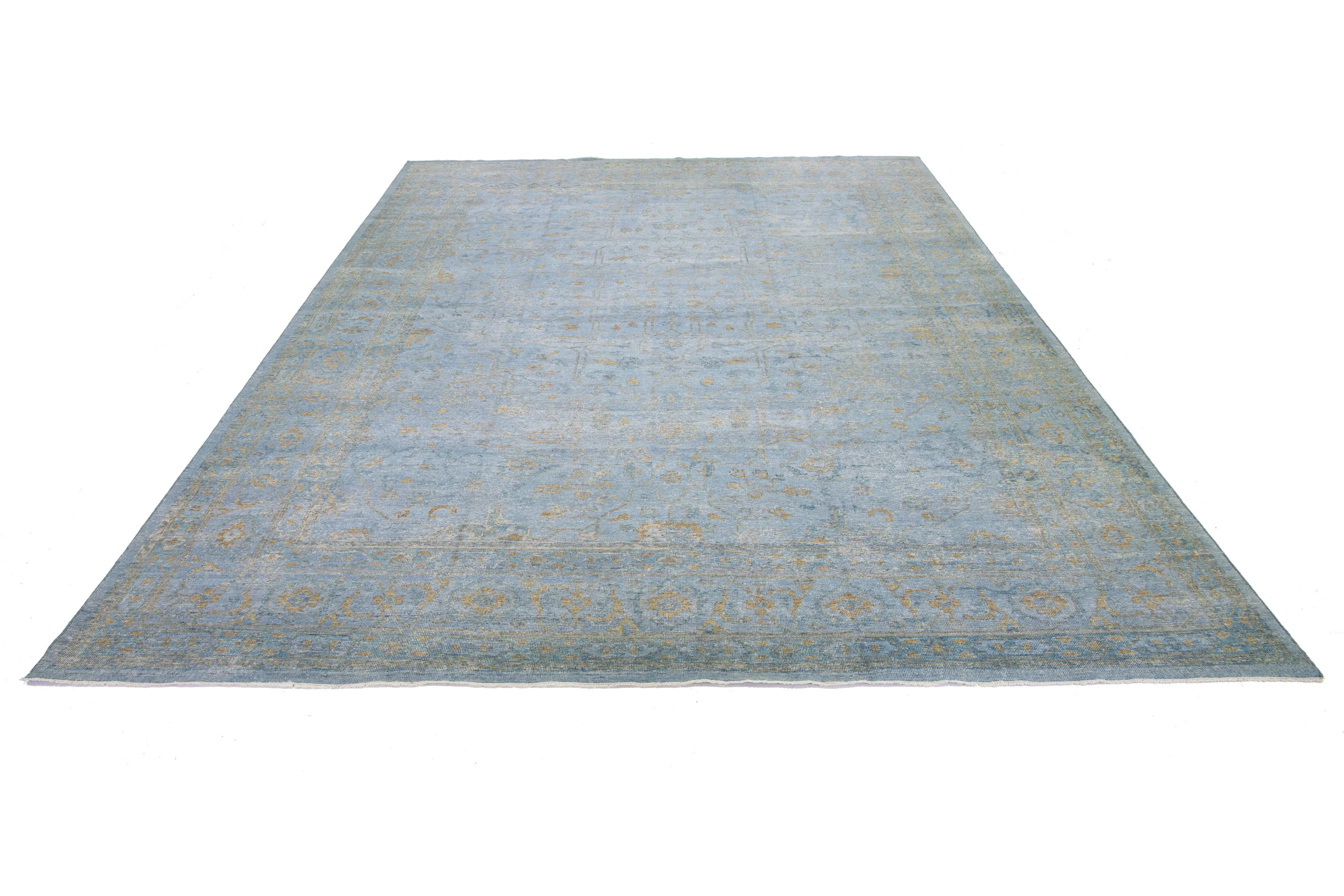 Handmade Contemporary Oushak Style Wool Rug With Blue and Gold Field