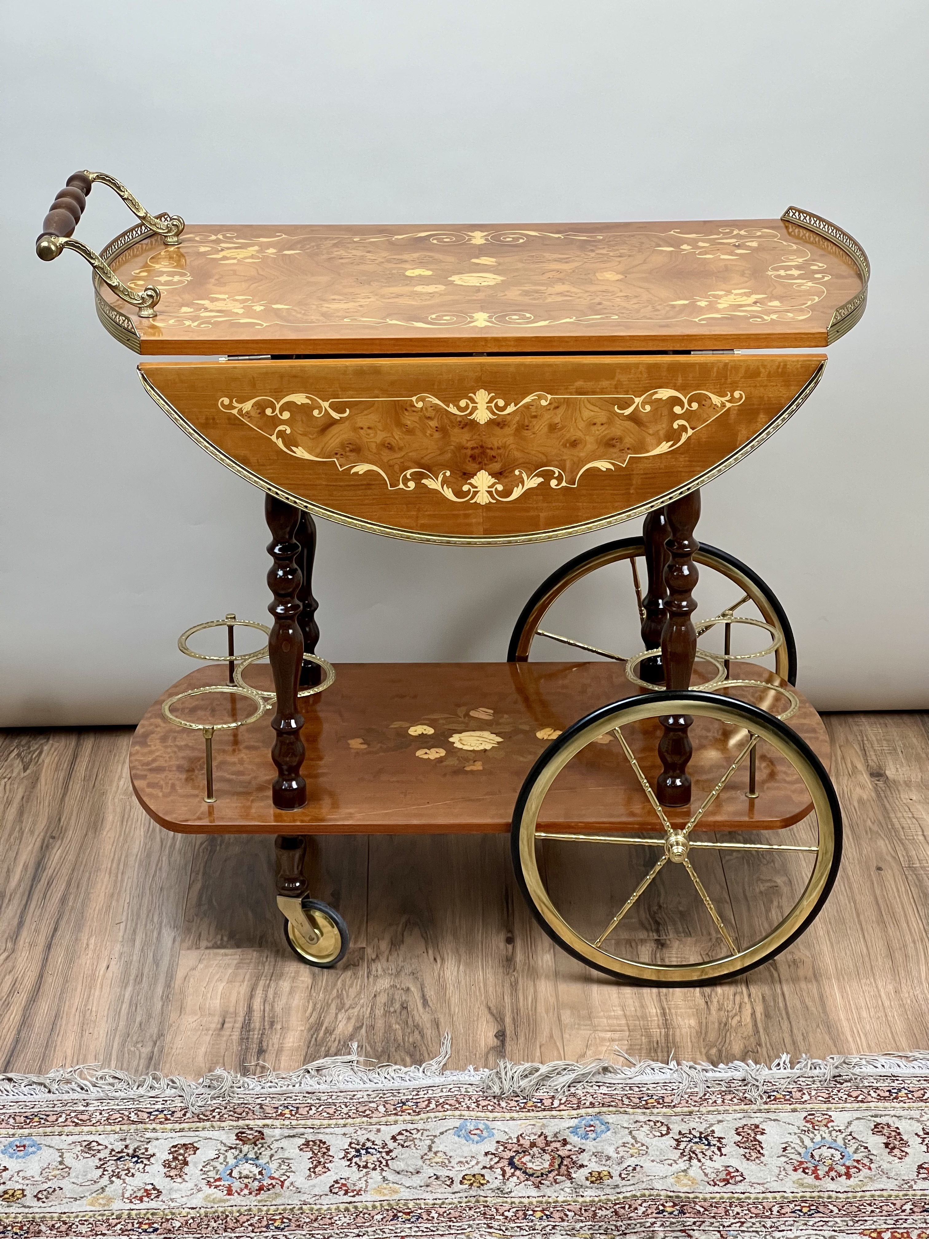1980s Vintage Fine Italian Burlwood Marquetry Tea Cart by Sorrento