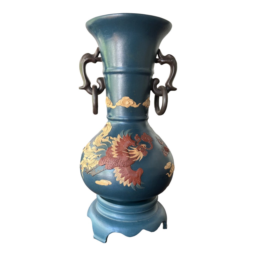 Large Antique Yixing Zisha Clay Handled Vase With Imperial Dragon