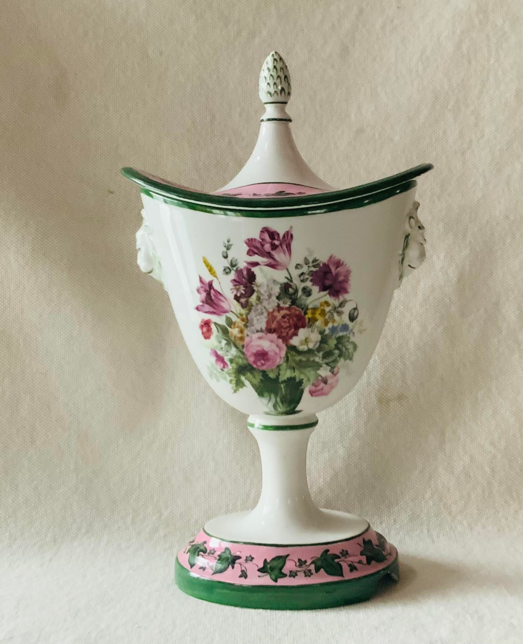 Neoclassical Lidded Urn With Lion Mask Handles Transferware, Italy, 20th C.