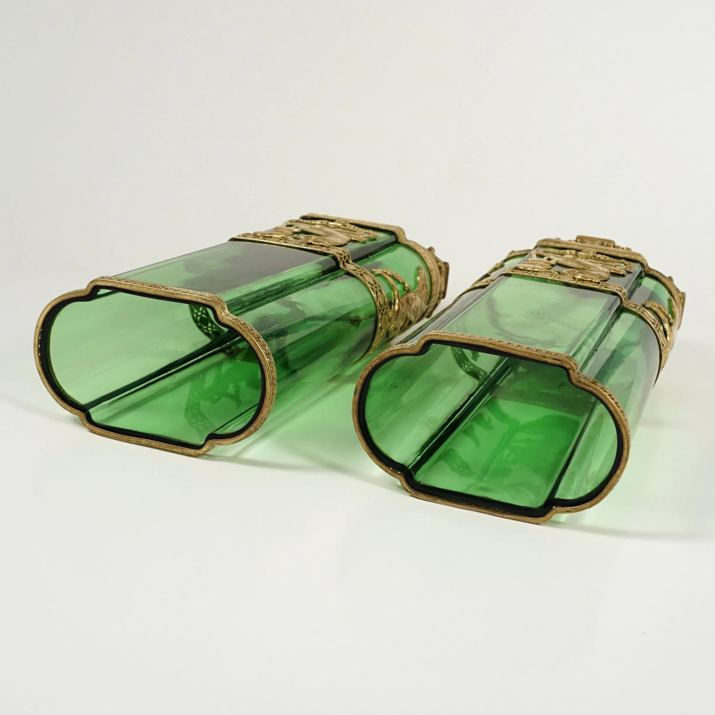 Pair Antique French Green Glass Vases Empire Gilt Bronze Mounts
