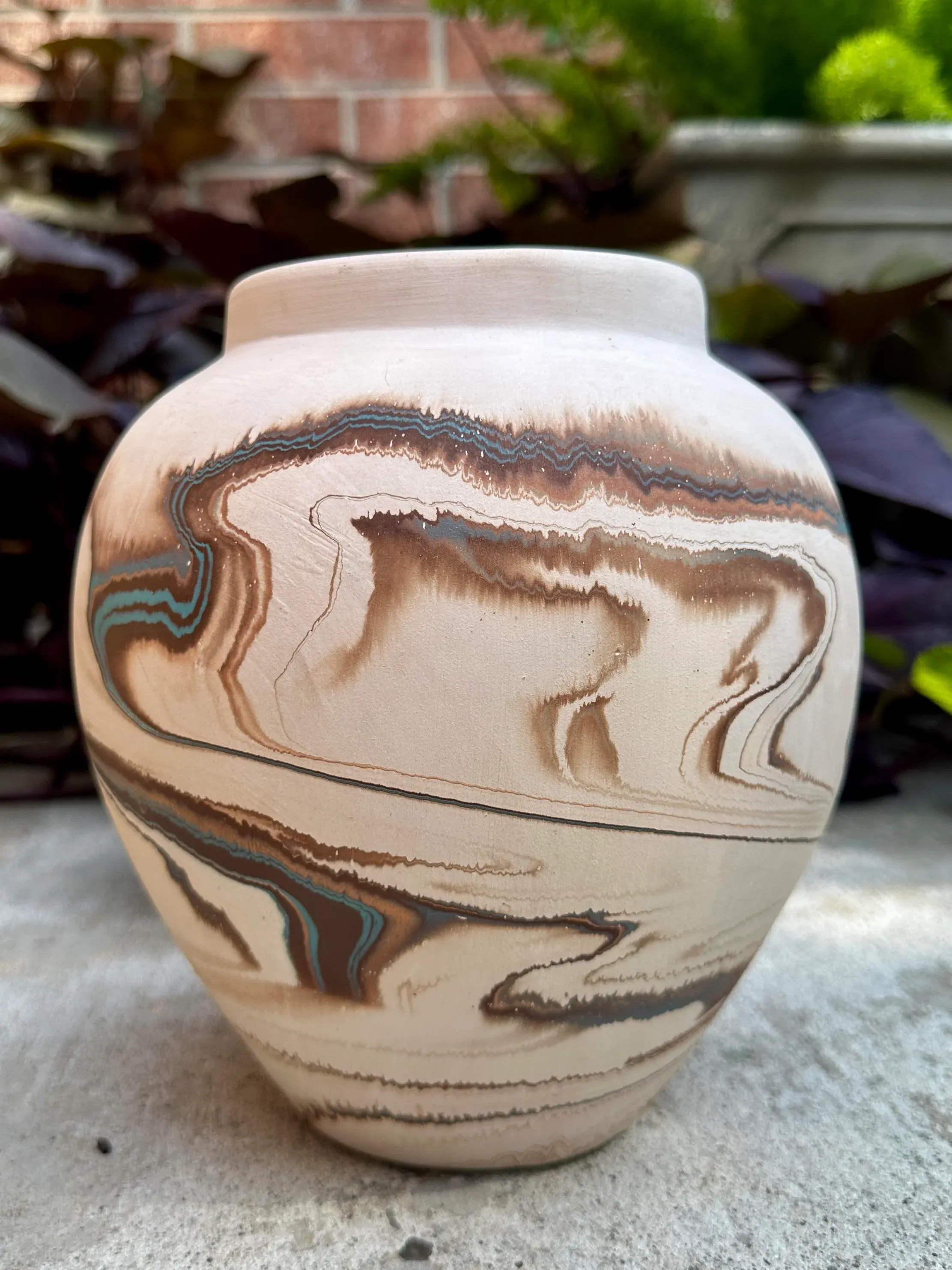 Vintage Ceramic Nemadji Vase in Blue Brown and Orange 20th Century