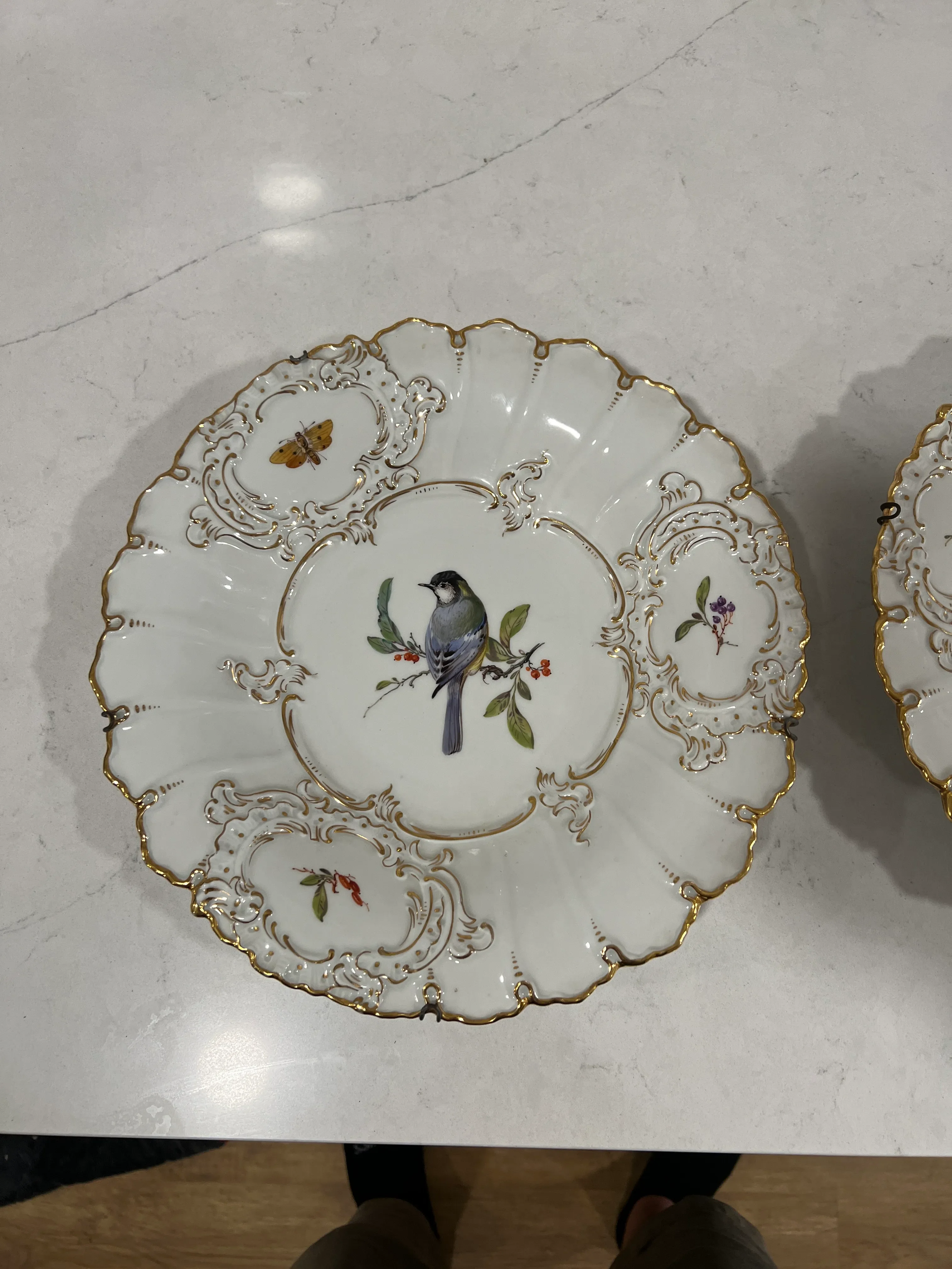 Meissen 希少アンティーク 未使用品 Pair, Antique Meissen Porcelain Ornithological & Gold Encrusted