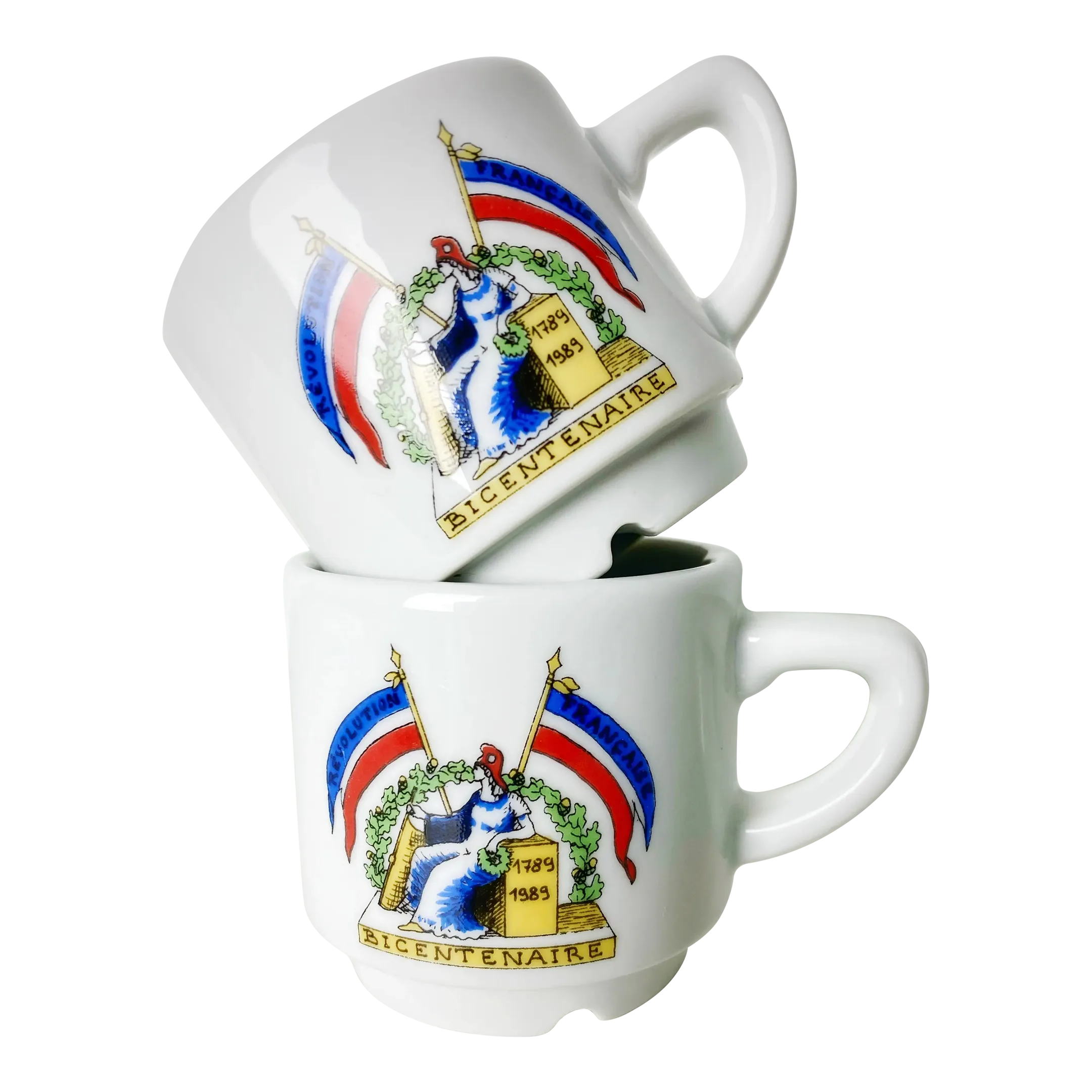 1980s Apilco Porcelain Bicentenaire De La Revolution France Espresso Cups  Mugs- Set of 2