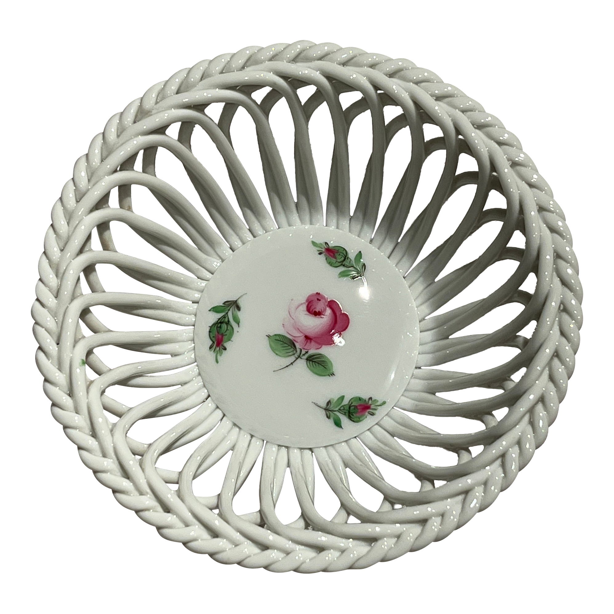 1970s Herend Open Weave Basket Petit Rose Pattern