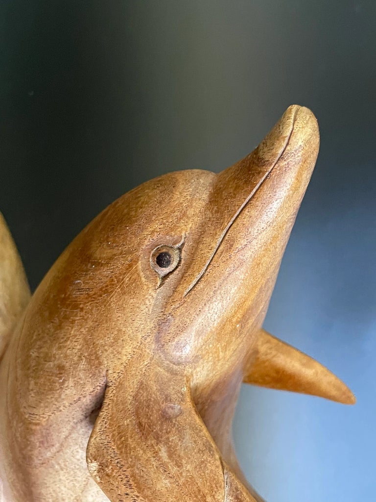 Vintage Wood Carving Duo Dolphin Sculpture | Chairish Hand Carved Smooth Wooden Dolphin main image 0