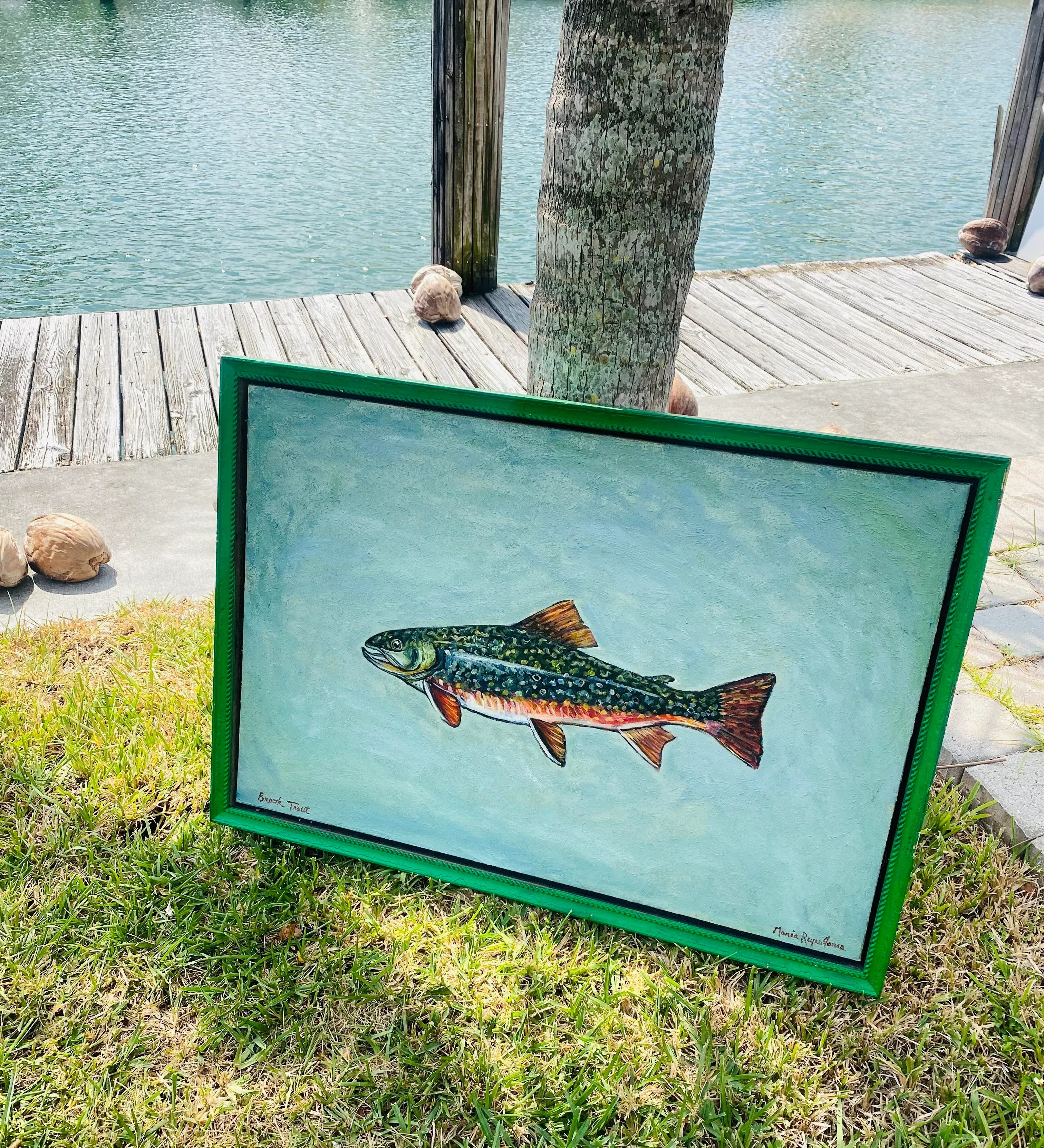Late 20th Century Brook Trout Oil on Canvas Painting Signed Maria Reyes Jones