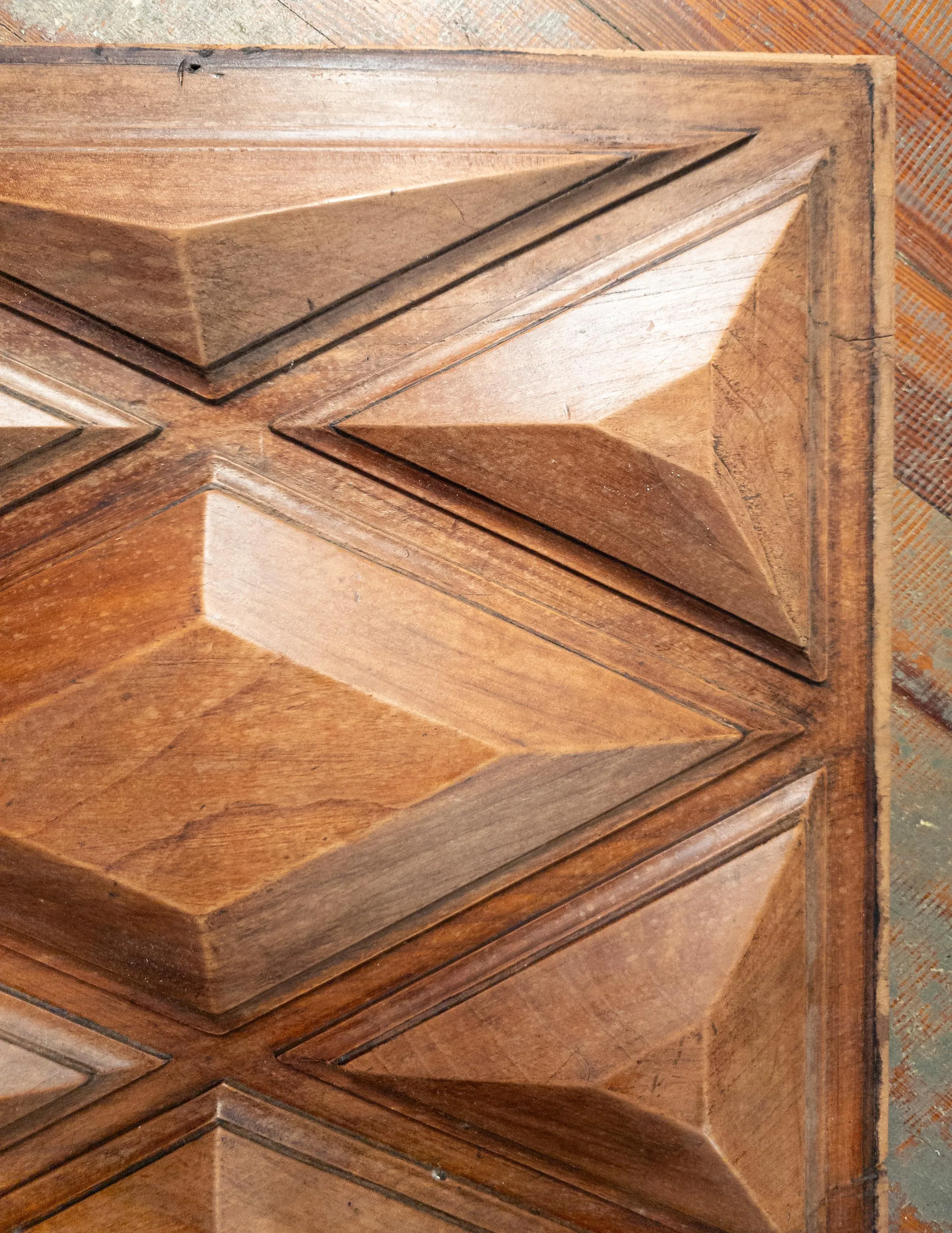 19th Century Sculptural Geometric Walnut Carved Furniture Panel Wall Decoration