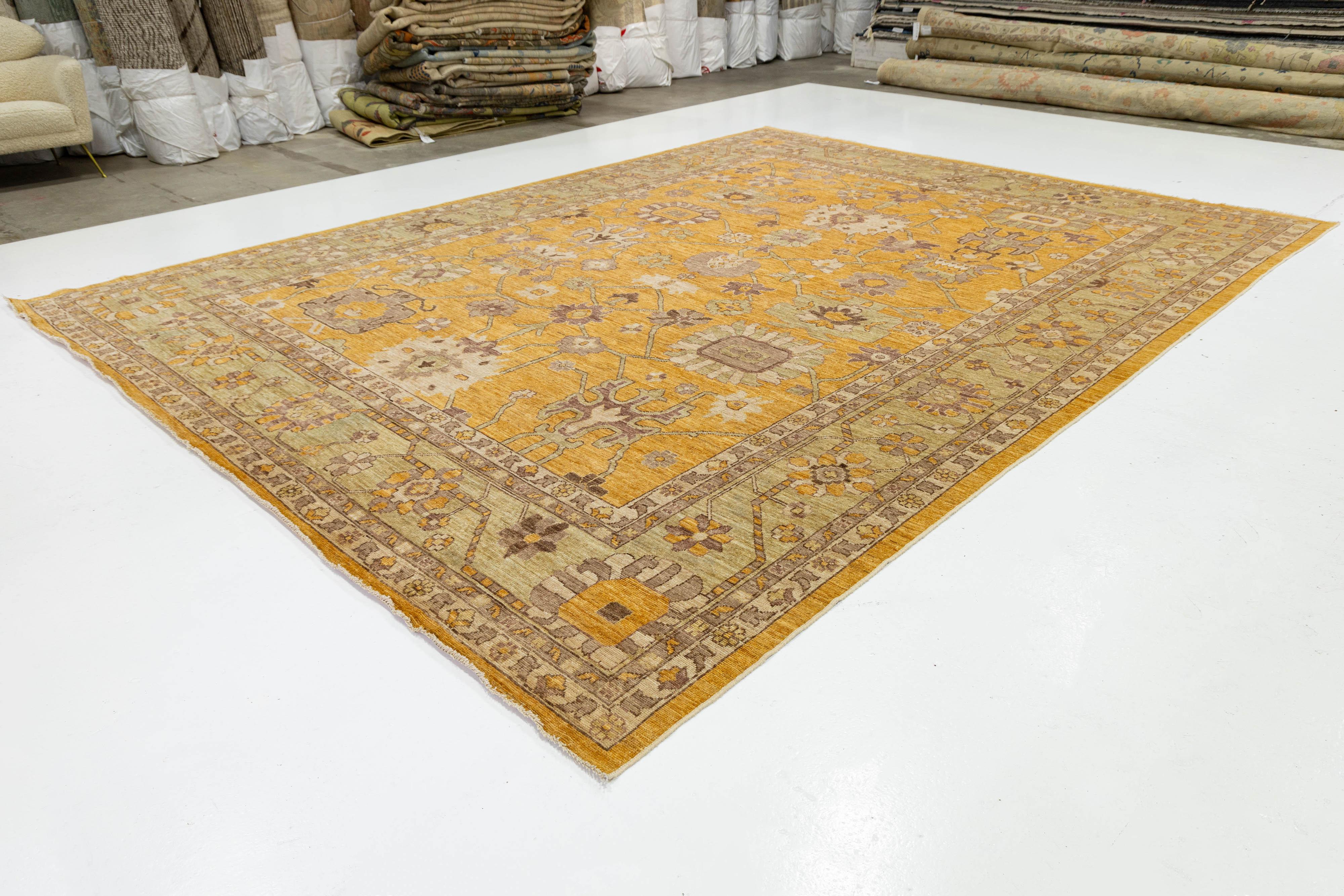 12x15 Modern Oushak Style Hand-Knotted Wool Area Rug – Golden Saffron & Sage