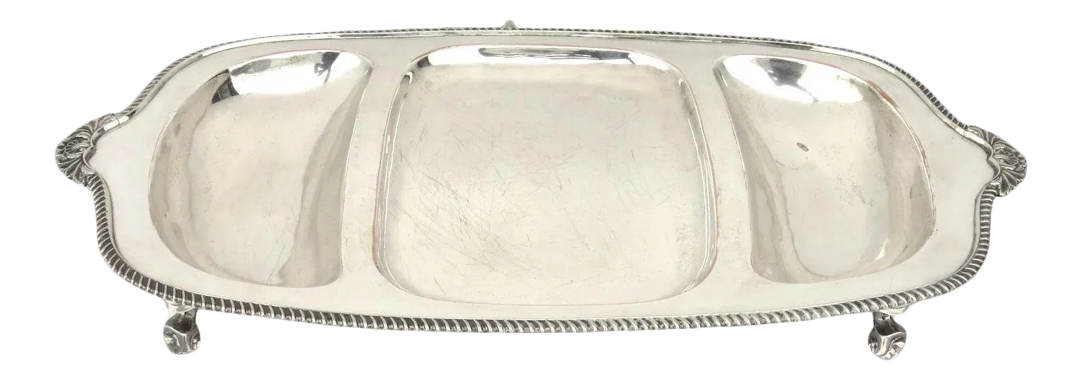 Silver Plated Shaped Three Part Divided Serving Tray Platter Gadrooned
