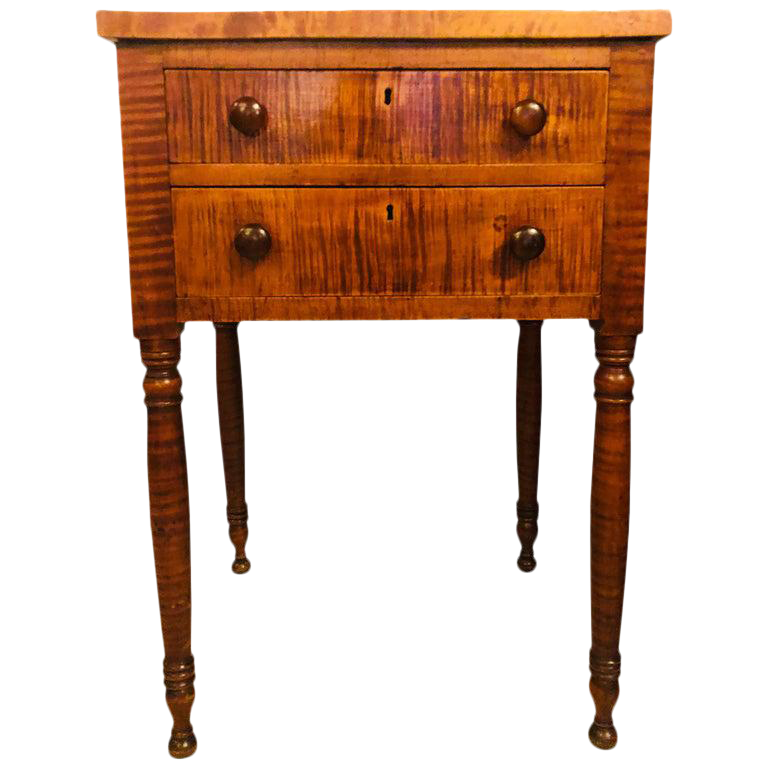 American Sheraton Two Drawer Stand Night Table In Cherry And Tiger Maple Chairish