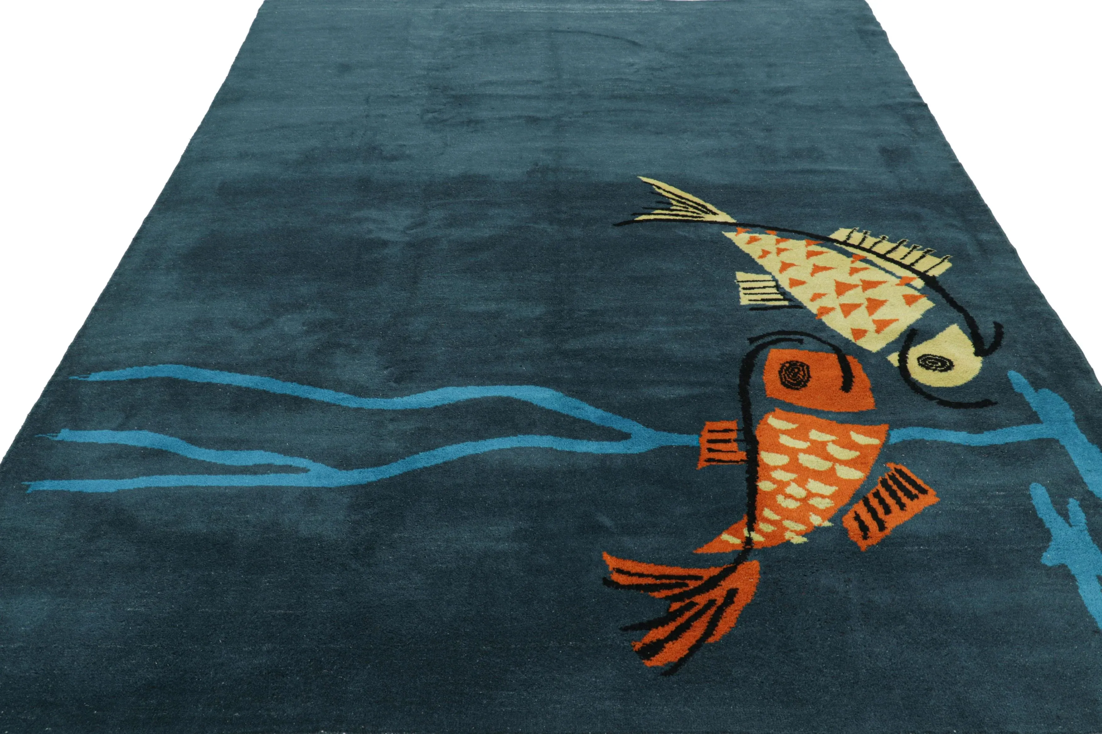 Vintage Zeki Müren Rug in Navy Blue With Fish Pictorials | Rug
