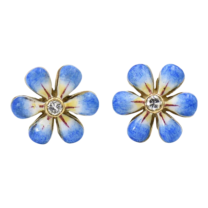 Blue Enamel Daisy Flower Diamond Gold Earrings by Sandra J