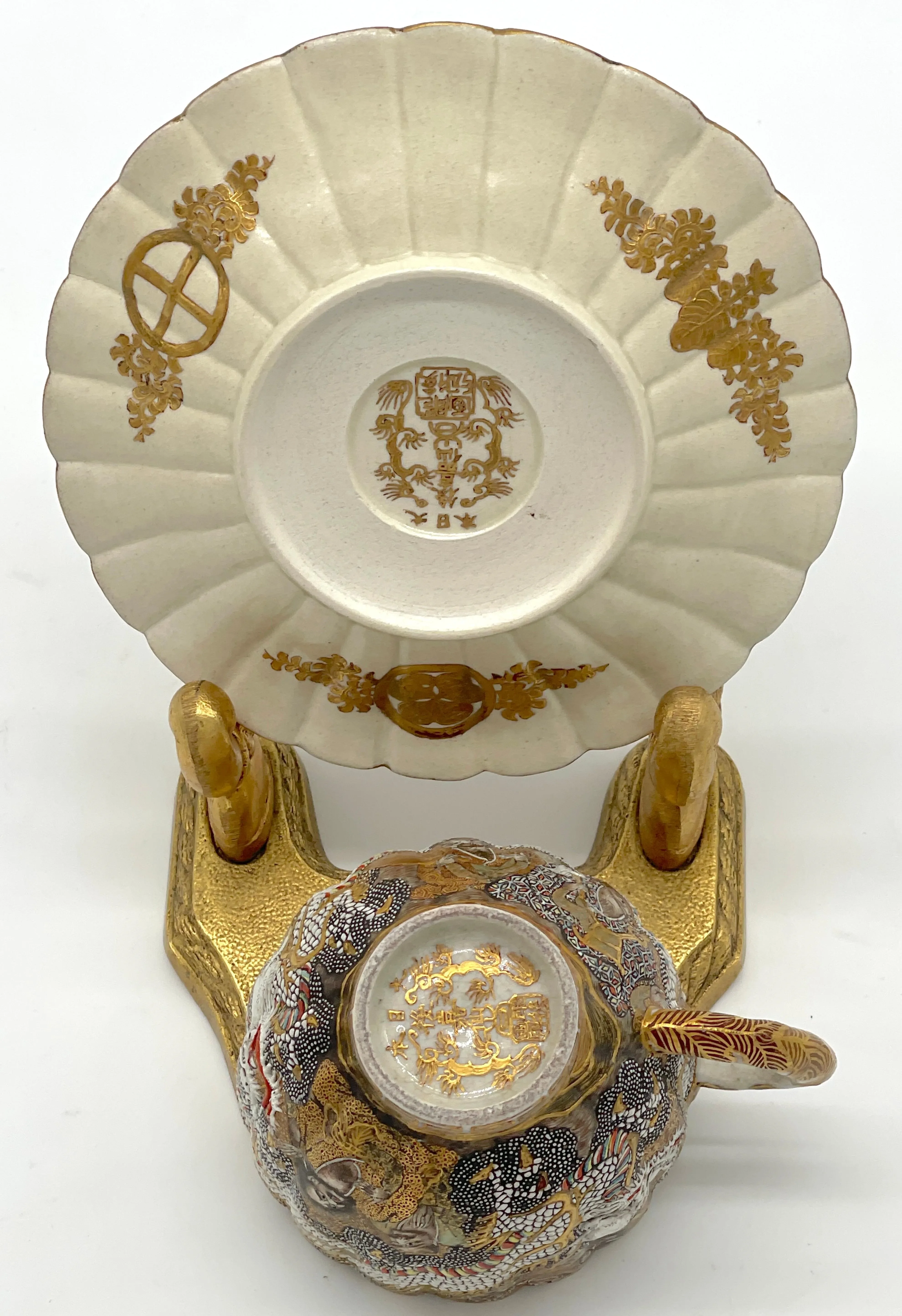 Extraordinary Meiji Satsuma Cup & Saucer, Raised Gilt Enamel
