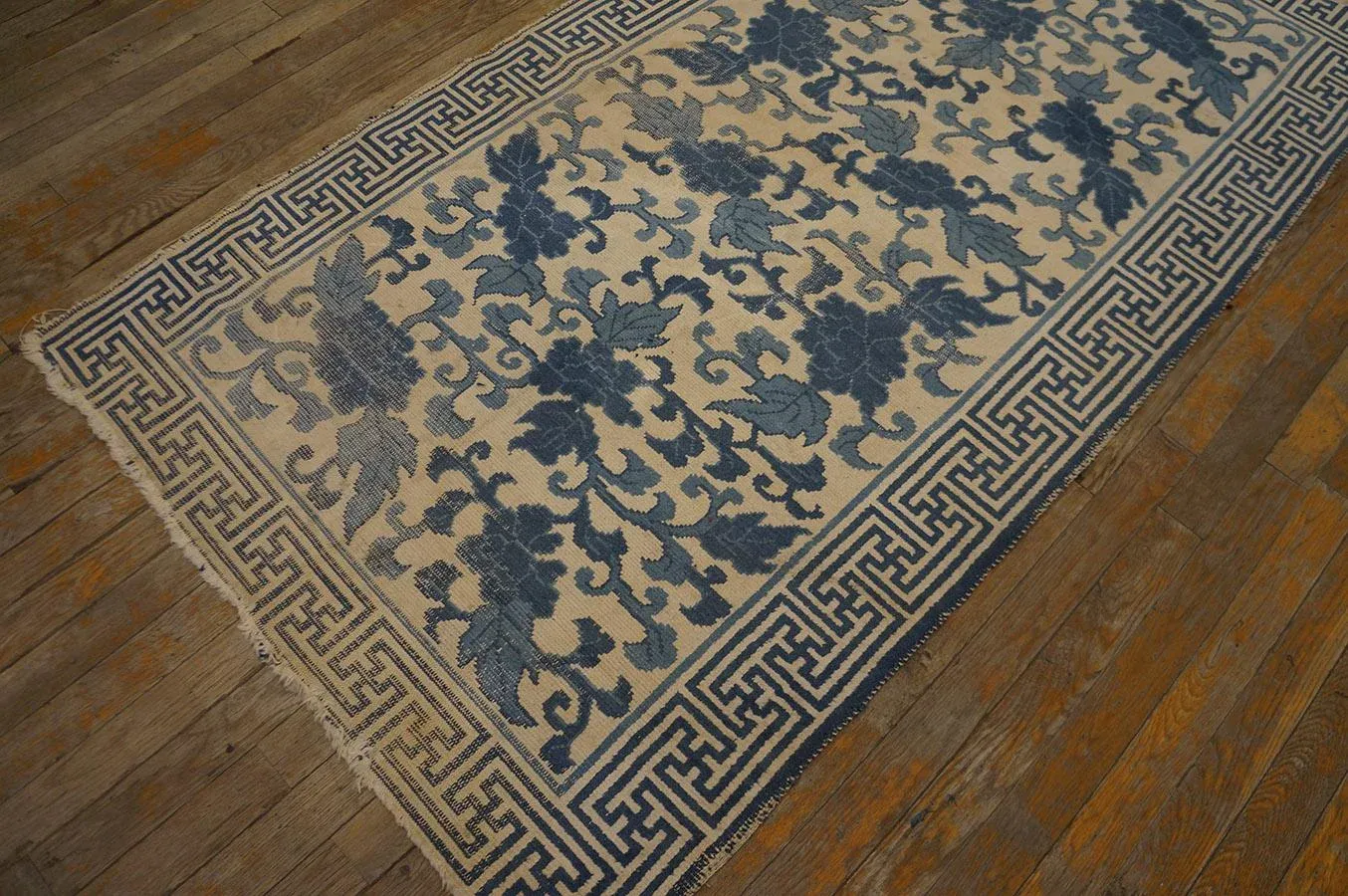Lovely Tan Beige and Blue Cerulean Color With Florid Design Antique Japanese Rug