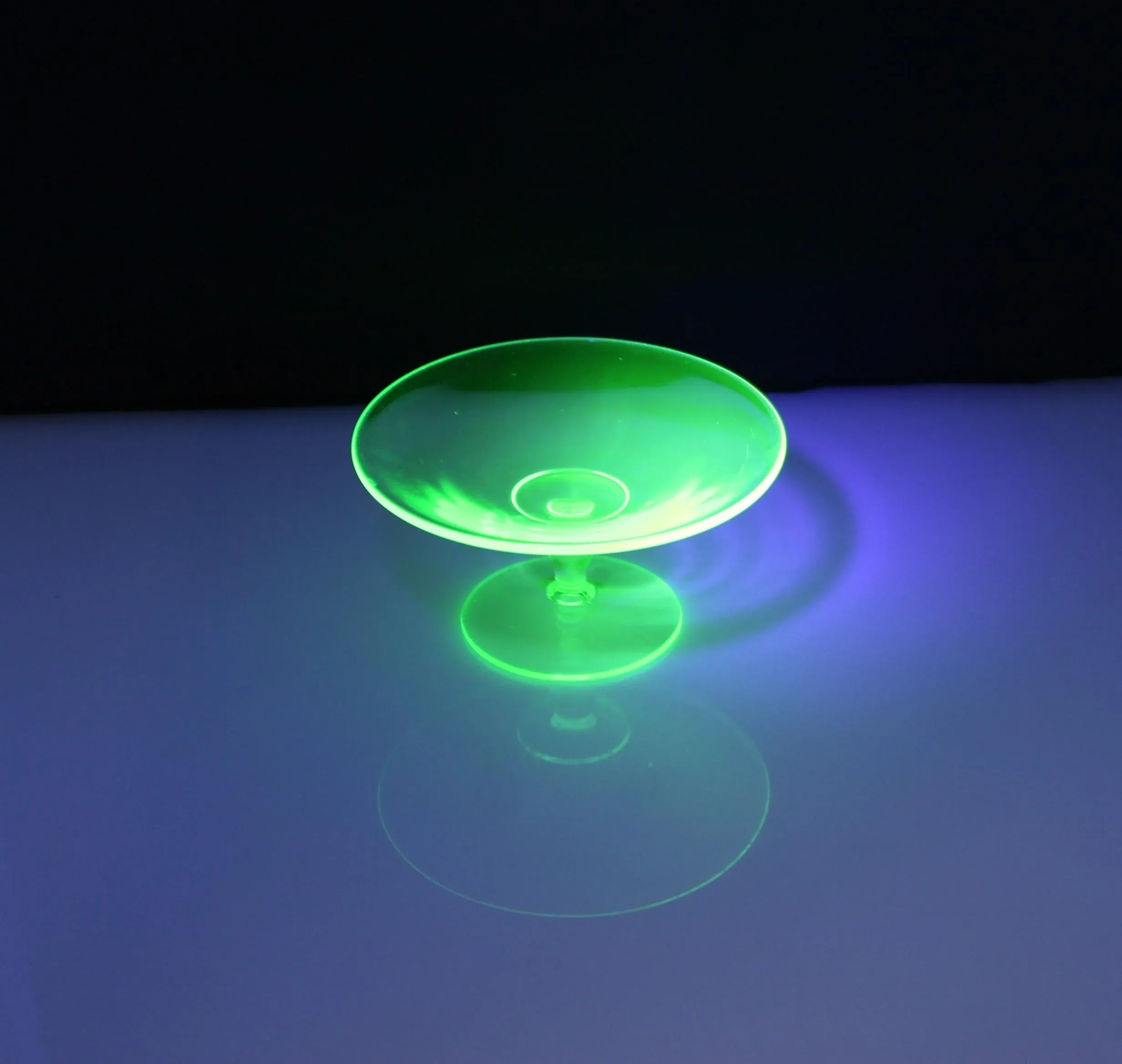 1930s Green Uranium Depression Glass Clear Round Footed Pedestal Serving Bowl