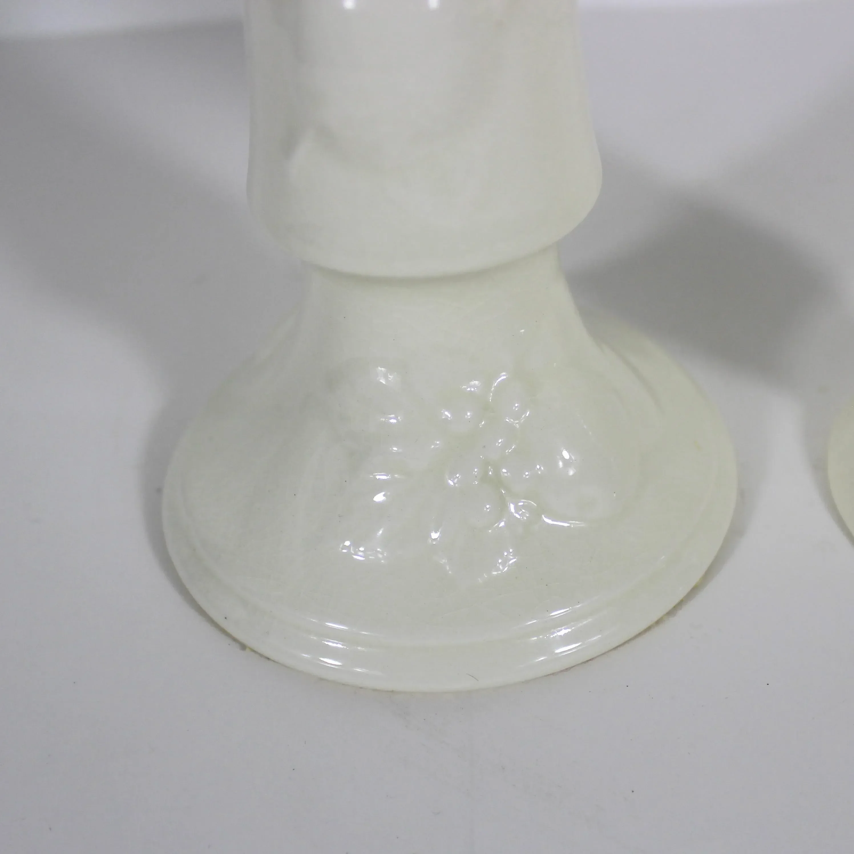 Antique Royal Worcester Crown Ware England Porcelain White Raised Fruit Beaded Rim Candlesticks, a Pair
