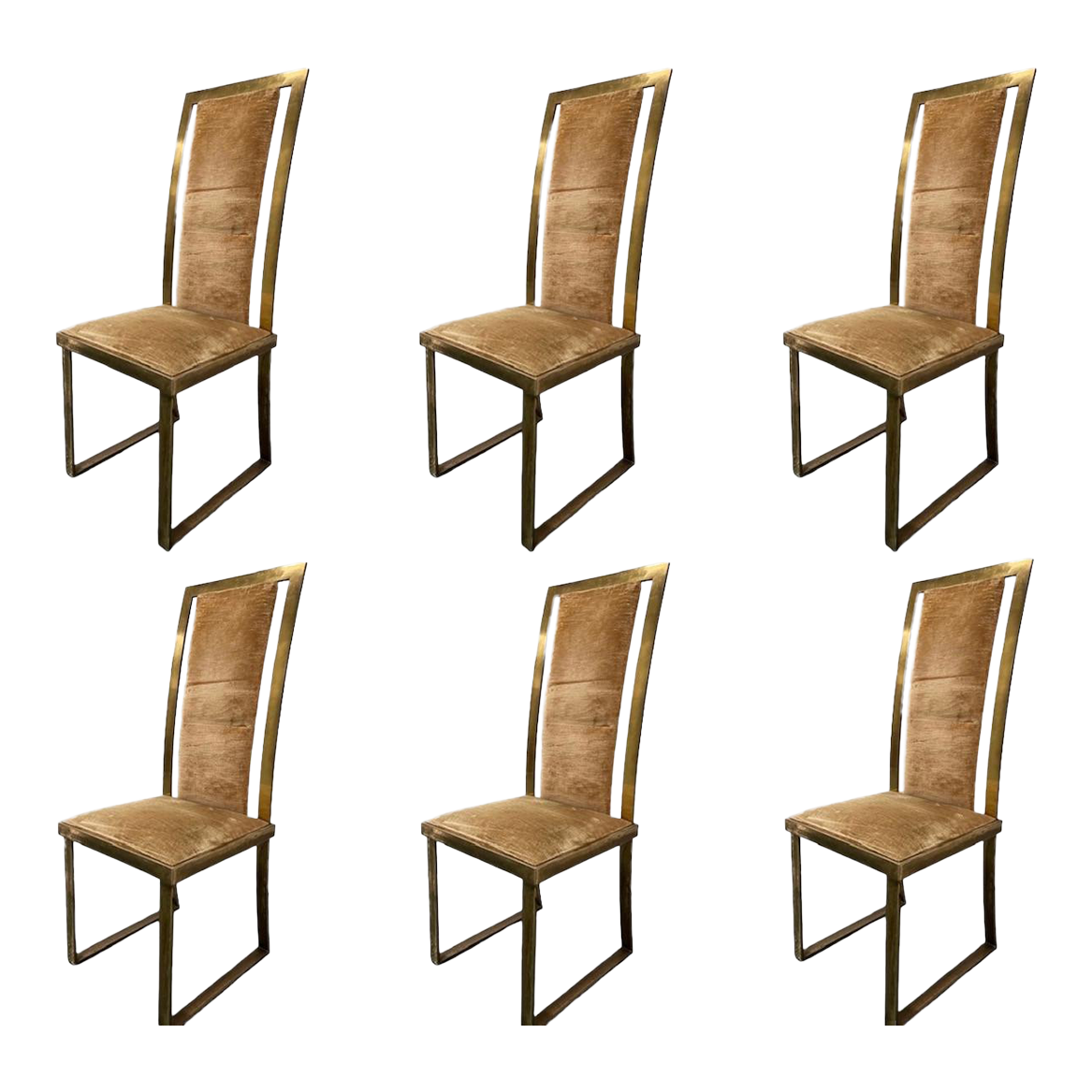 1970s Italian Mid Century Brass and Velvet Dining Chairs Set of 6