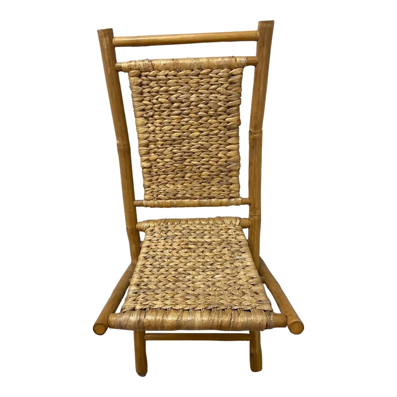 Vintage Brown Bamboo Folding Chair With Rattan Seagrass and Water