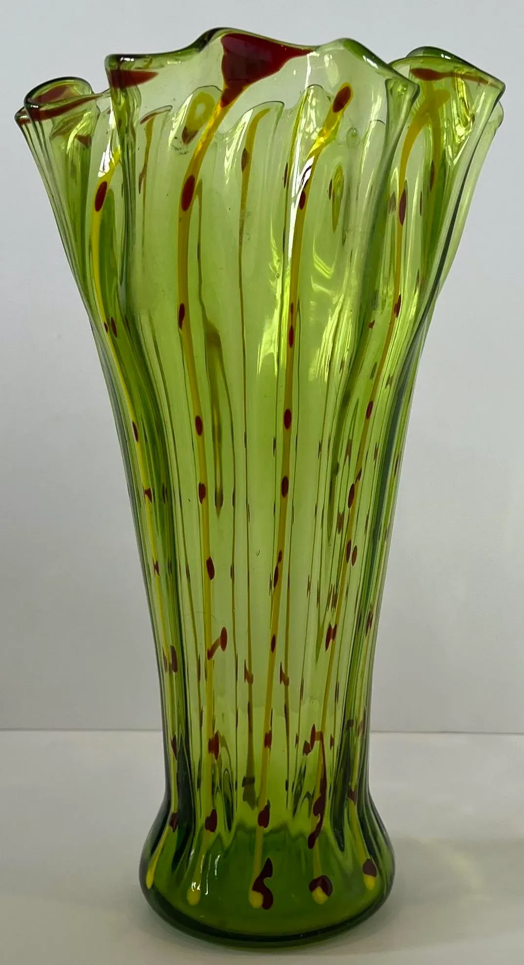 Vintage Art Glass Green Yellow Striped Vase