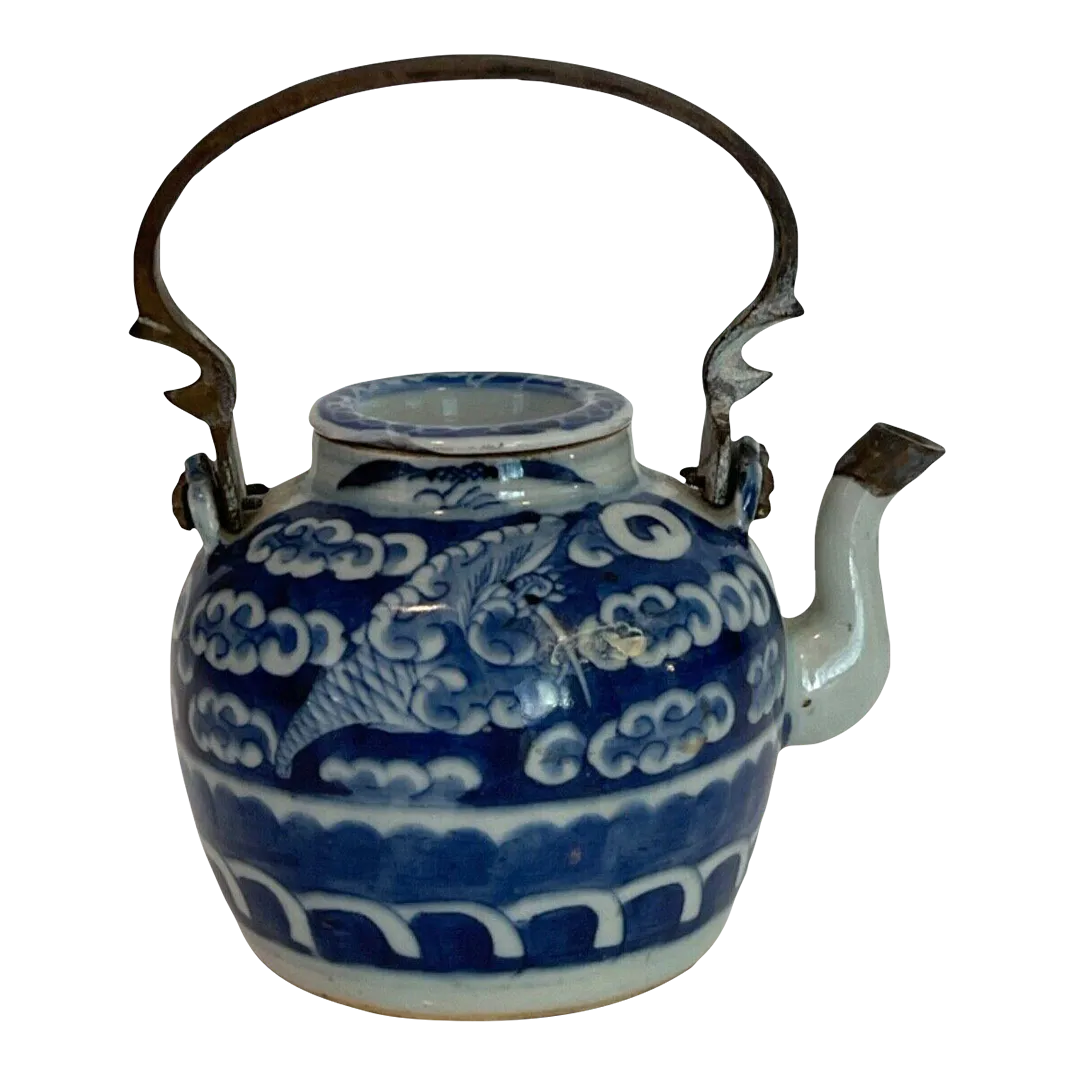 Teapot blue white Vintage brass porcelain Chinese