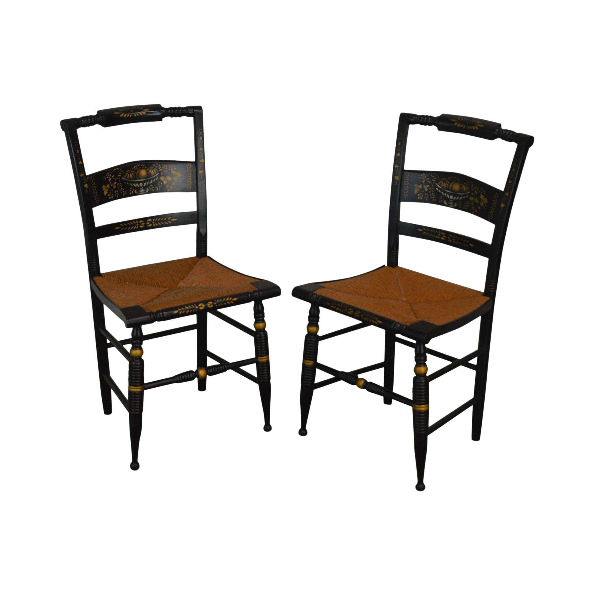 Authentic Hitchcock Nichols & Stone Pair Black and Gold Stenciled Rush