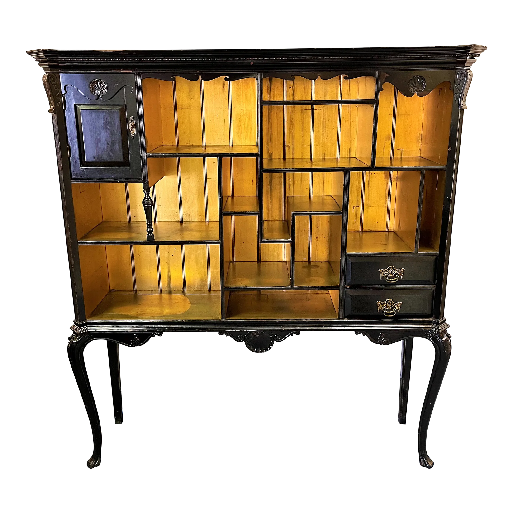 1930's Chinese Chippendale Display Cabinet With Gold Leaf Interior