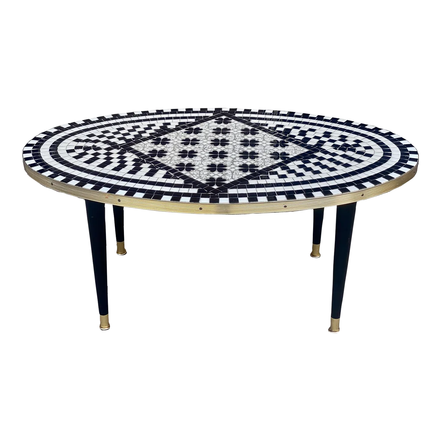 MidCentury Modern Tile Top Black & White Mosaic Oval Coffee Table