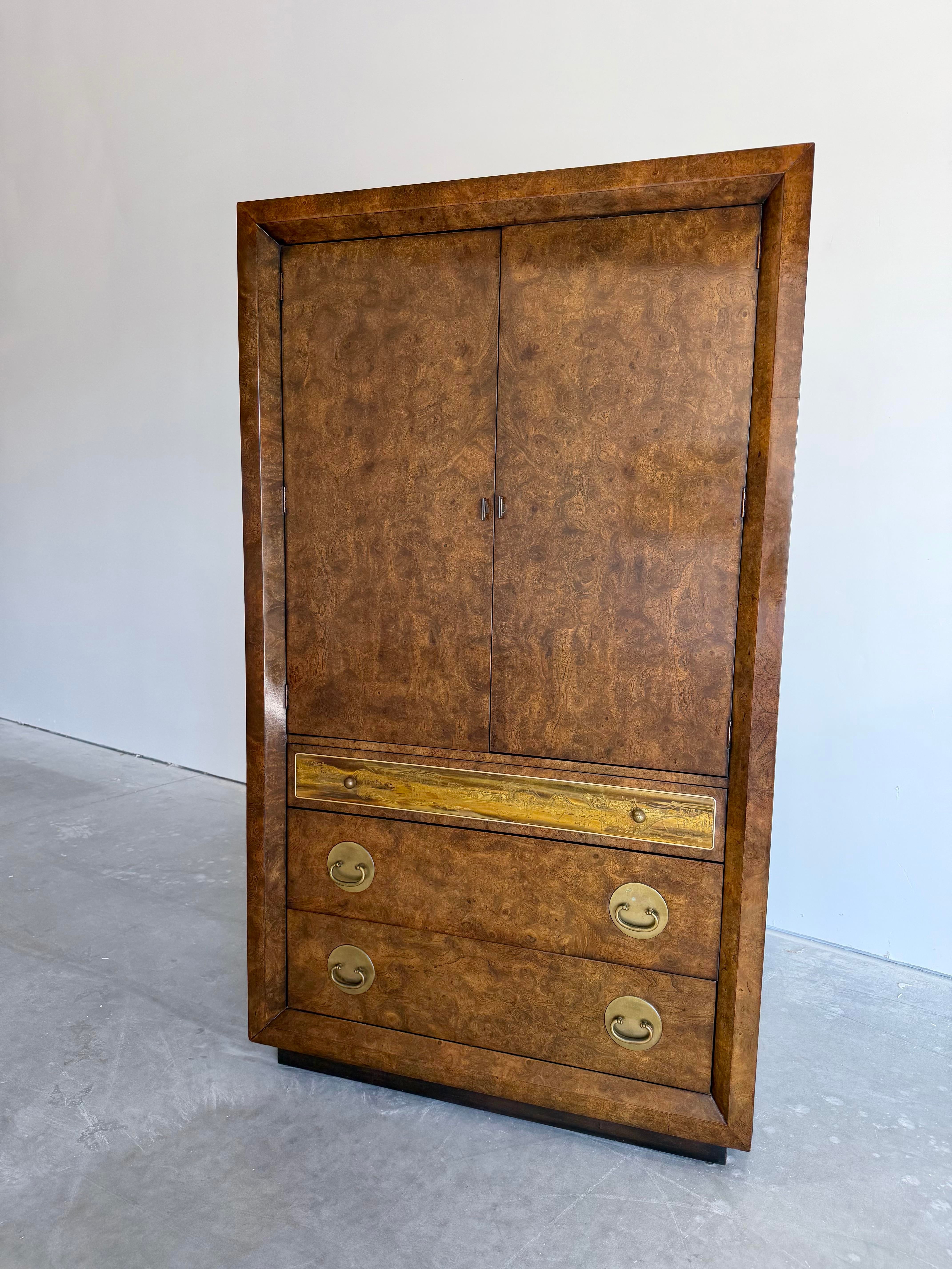 Vintage 1970’s Mastercraft Attributed Burlwood Armoire Cabinet With Etched Brass