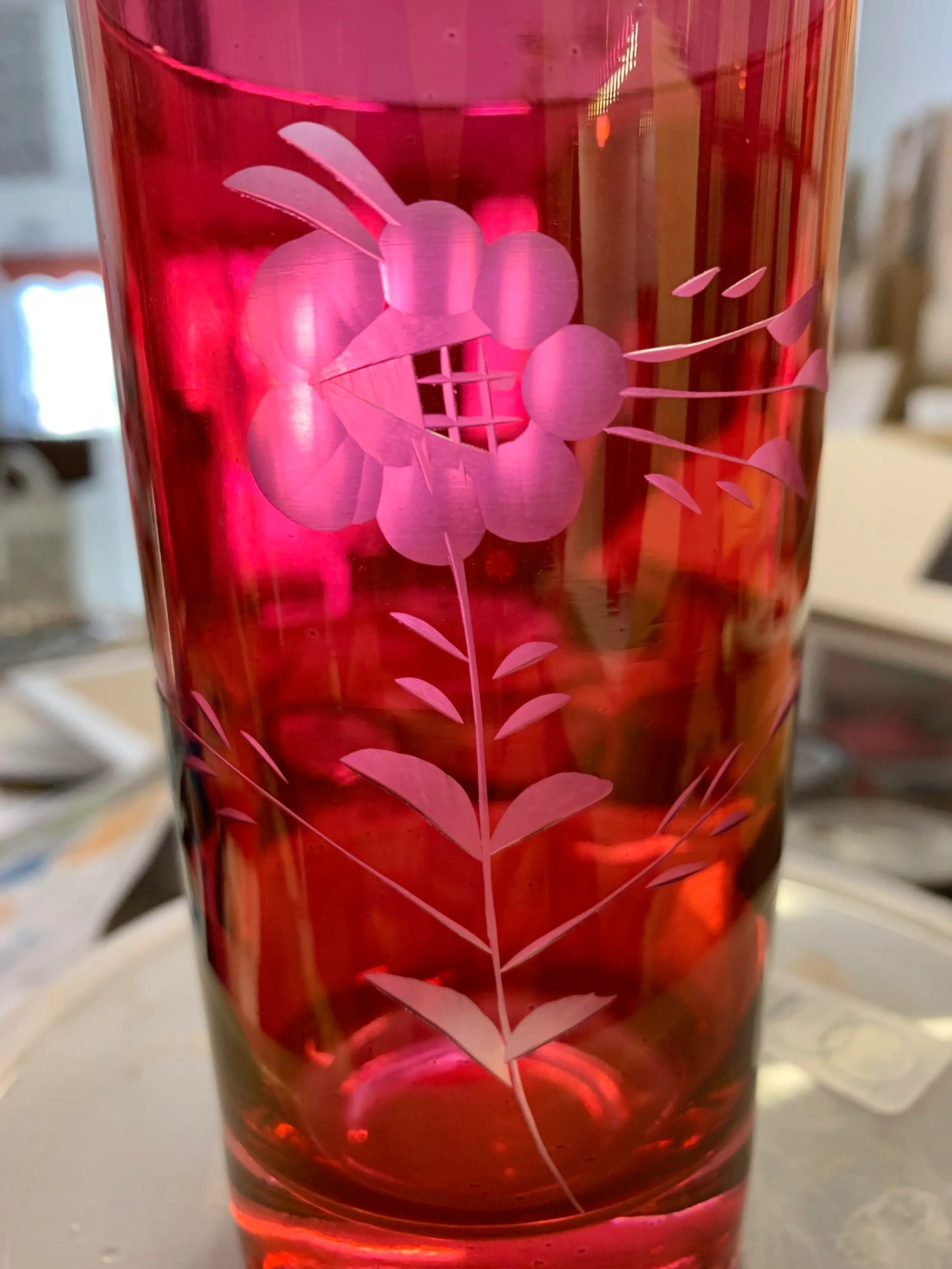 Vintage Bohemian Czech Etched Pink Cranberry Glass Pitcher with