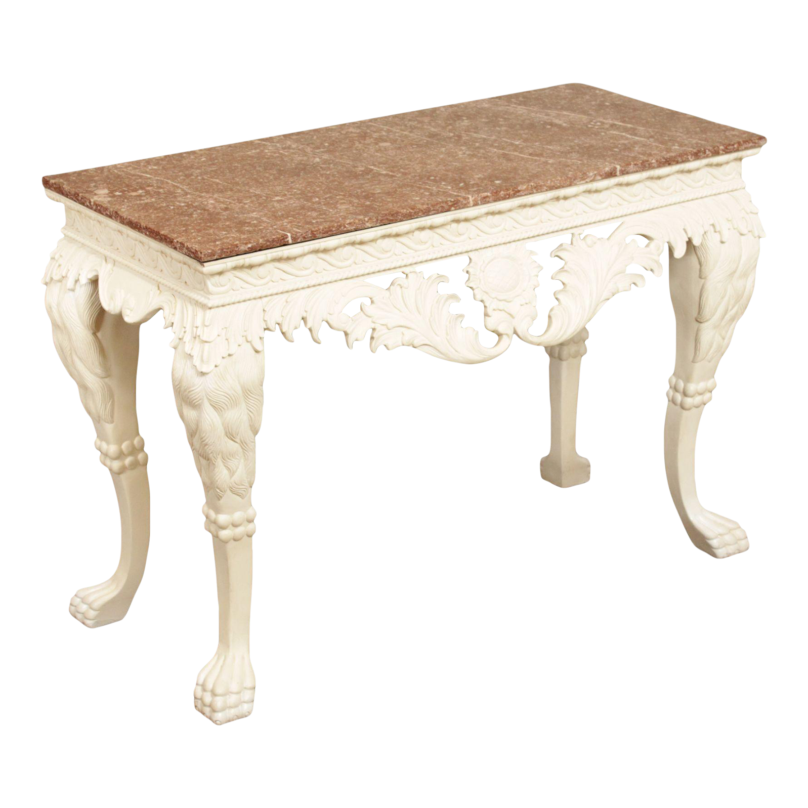Irish Style Carved White Painted Marble Top Console Table