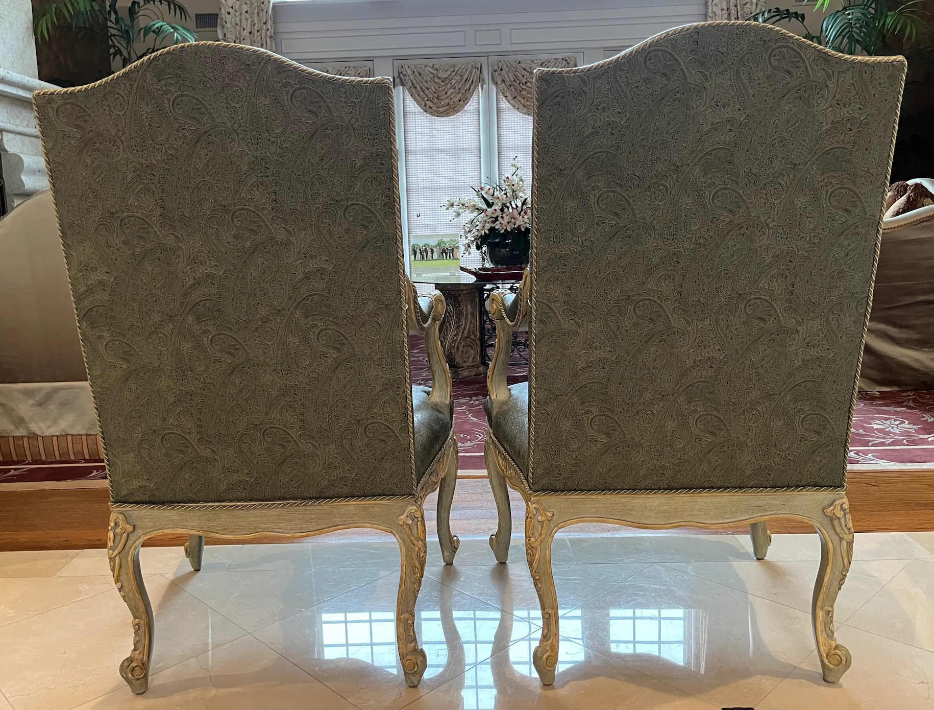 Excellent Condition PRADA Logo ShirtSet of 2, Century Furniture High Back Arm Chairs