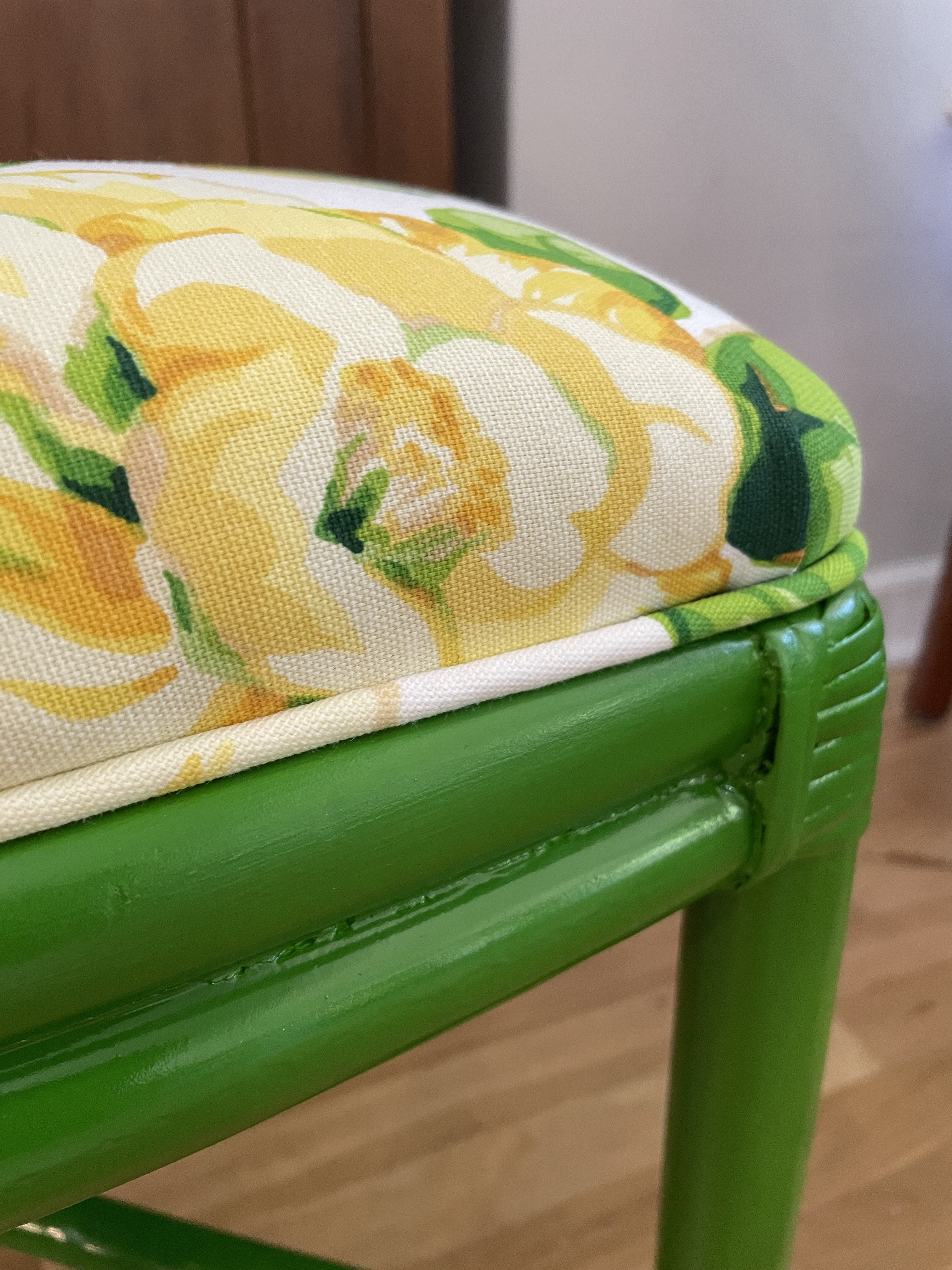 Vintage Kelly Green Rattan Chair With Vintage Fabric Upholstery