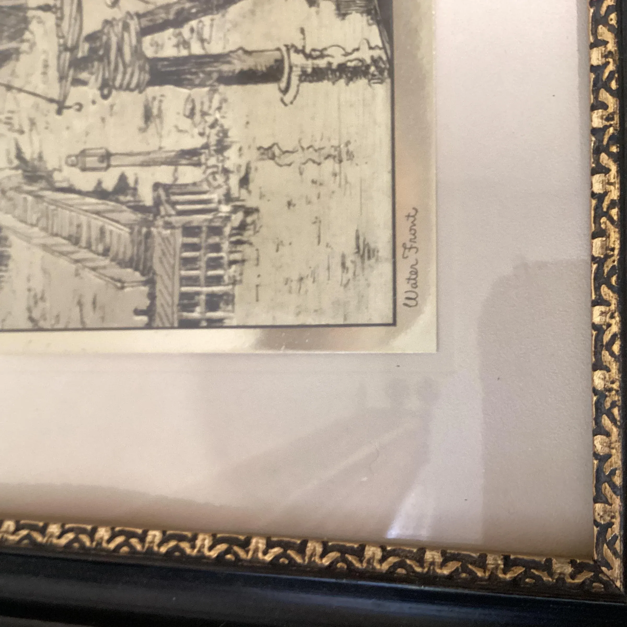 Mid 20th Century Vintage Lionel Barrymore Nautical Motif Gold Foil Print, Framed