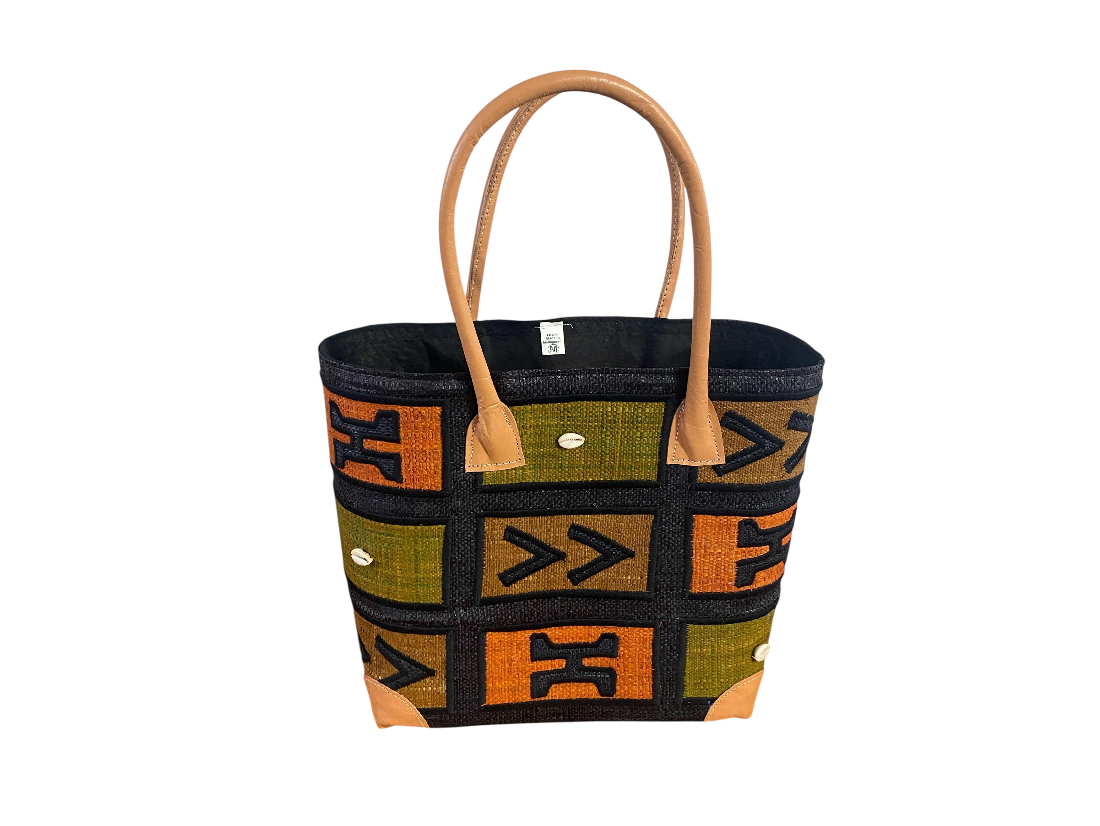 Sewn & Embroidered Large Raffia /Leather Tote Bag Madagascar