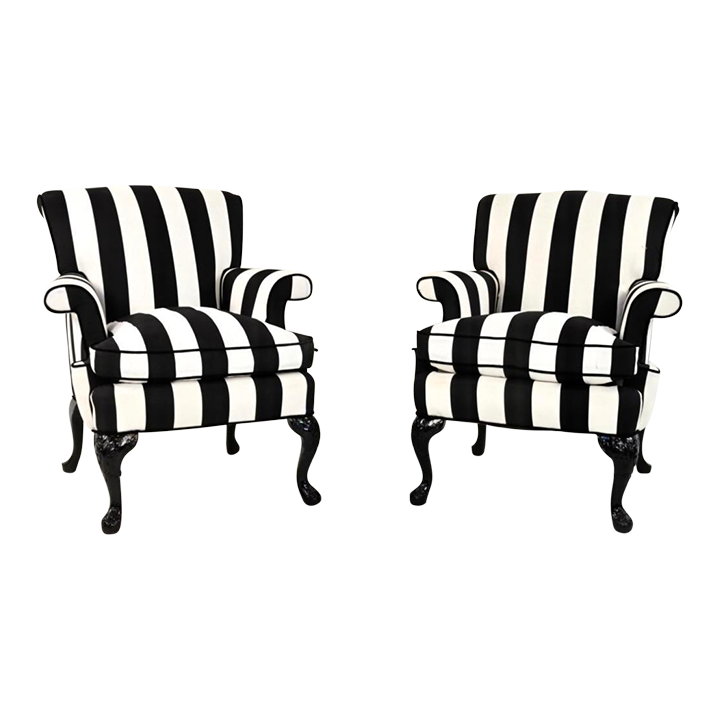 Pr French Black and White Striped Carved Armchairs Bergeres Chairish