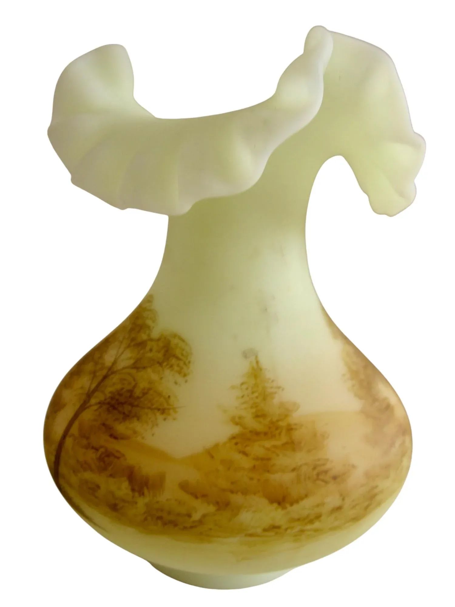 1970s Fenton Hand-Painted Satin Uranium Custard Glass Ruffled Vase