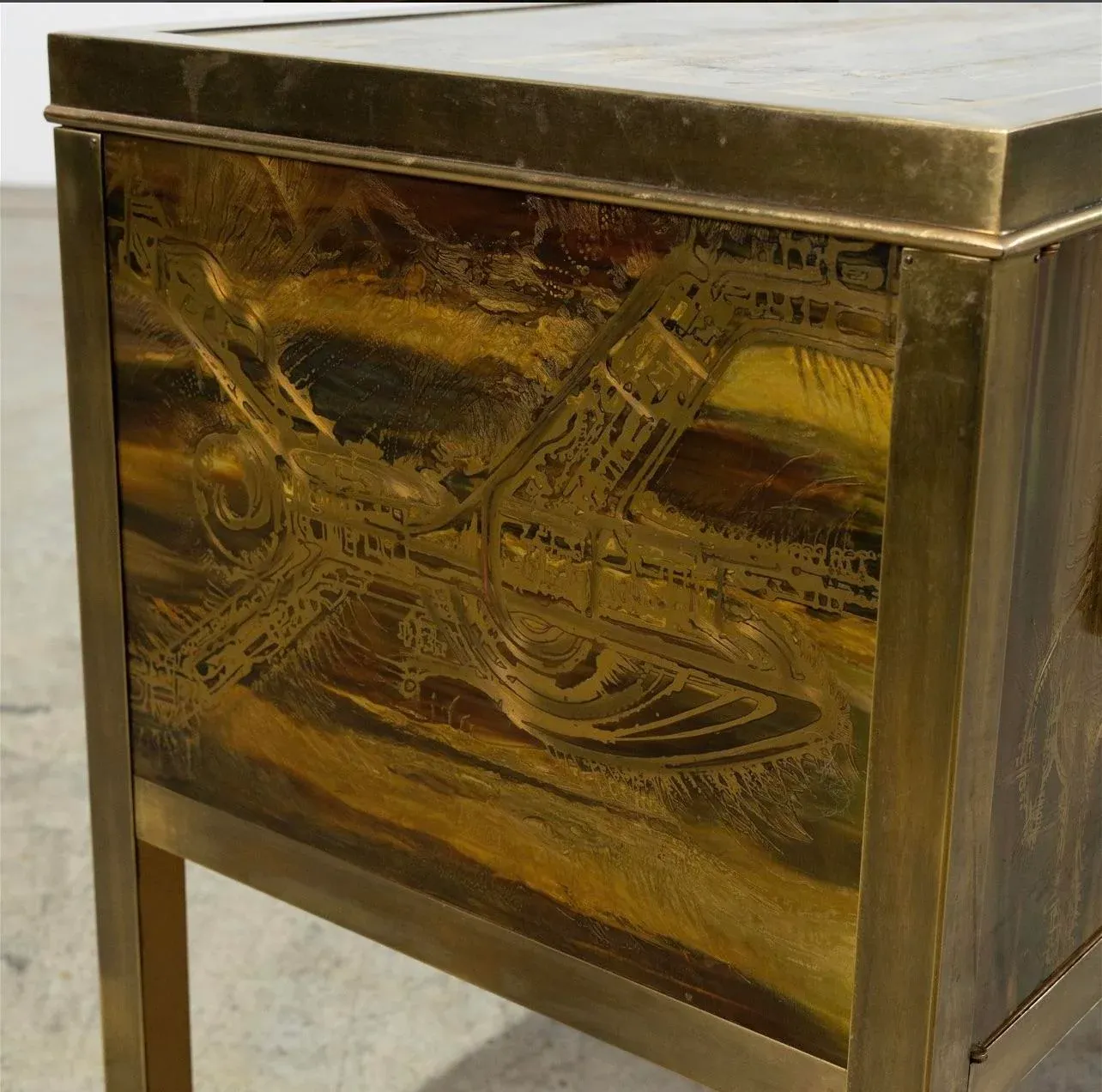 1970s Bernhard Rhône Acid Etched Brass Credenza for Mastercraft