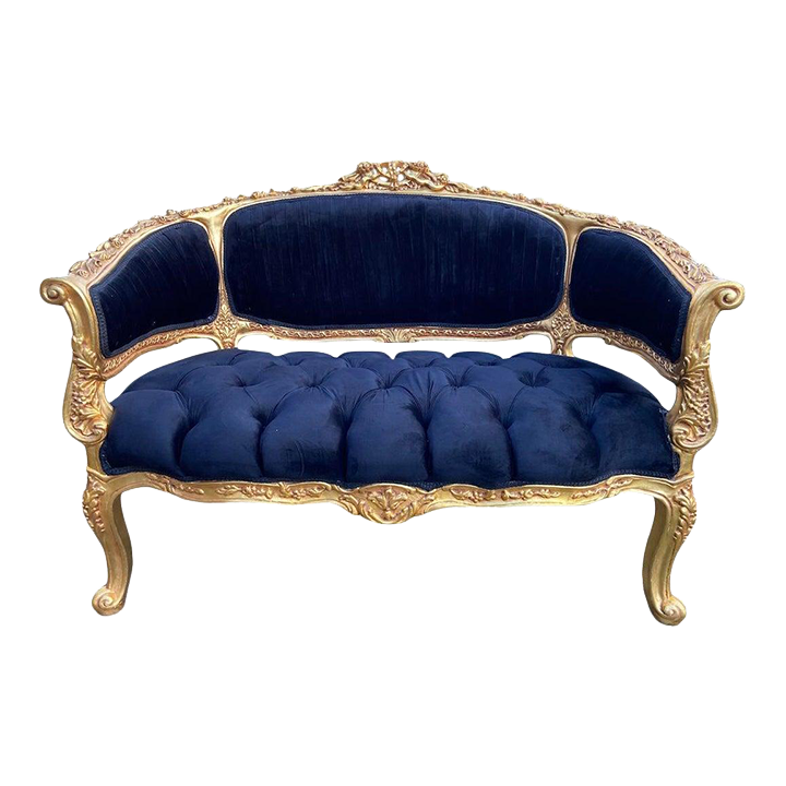 French Louis XVI Style Settee in Black Velvet and Gold Leaf Beech Frame