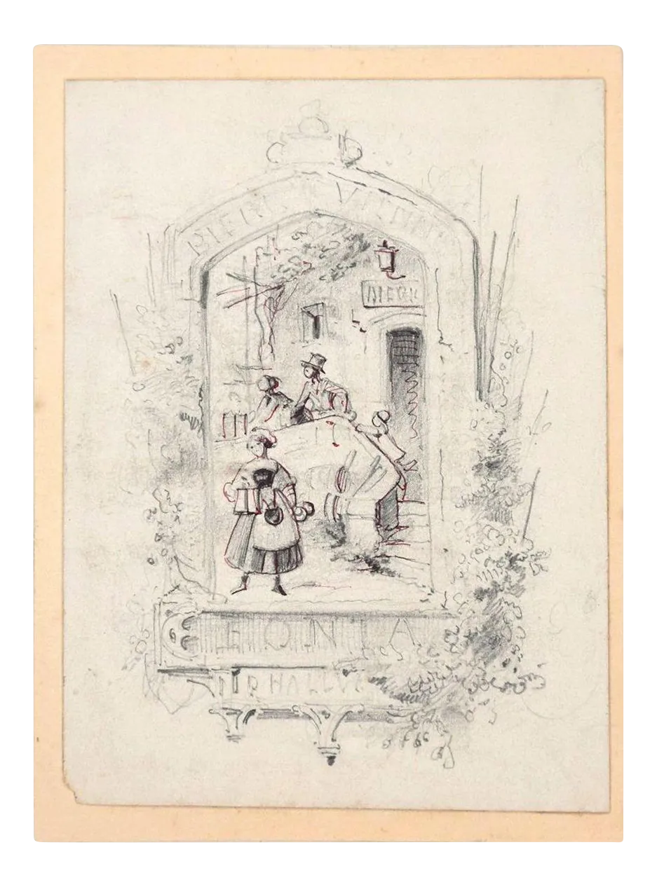 Sketch for a Sign - Original Pencil and China Ink Drawing Early 20th Century Early 1900