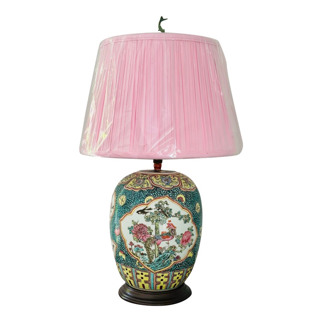Chinese Export Porcelain Famille Rose Table Lamp With Fabric Shade