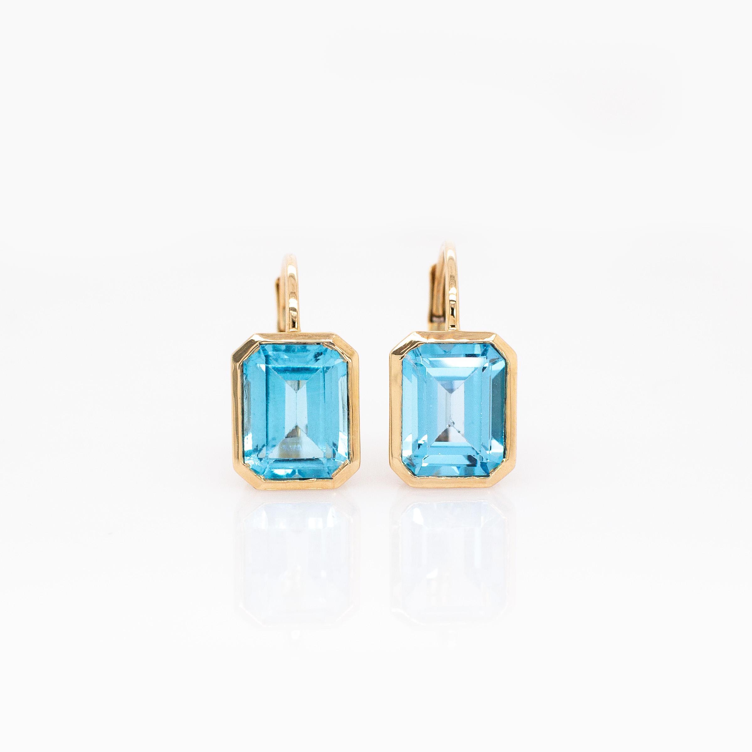 5.7cts Brazilian Sky Blue Topaz Earrings: Solid 14k Yellow Gold, Emerald 9x7mm