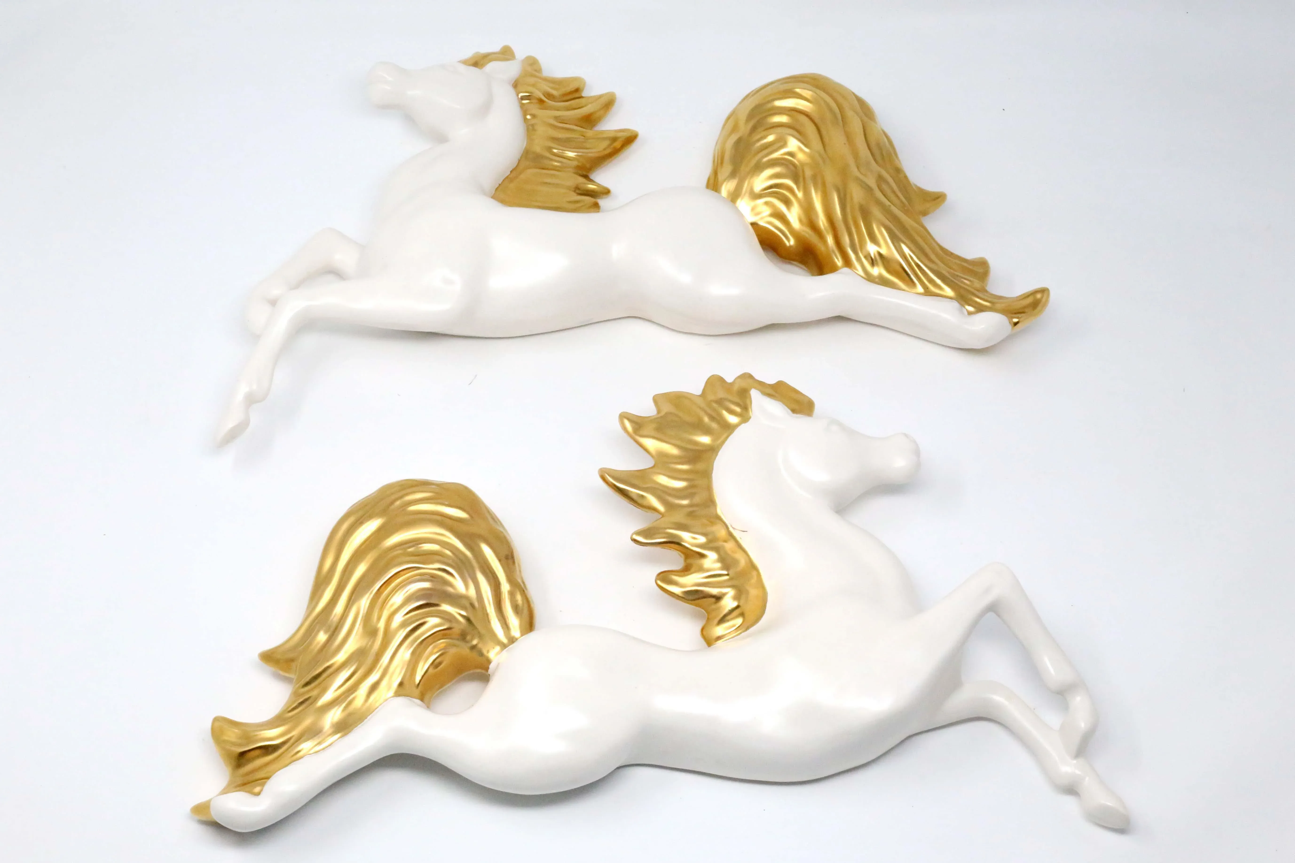 Vintage Mid-Century Modern Ceramic White and Gold Horses Pegasus Wall Decor - a Pair