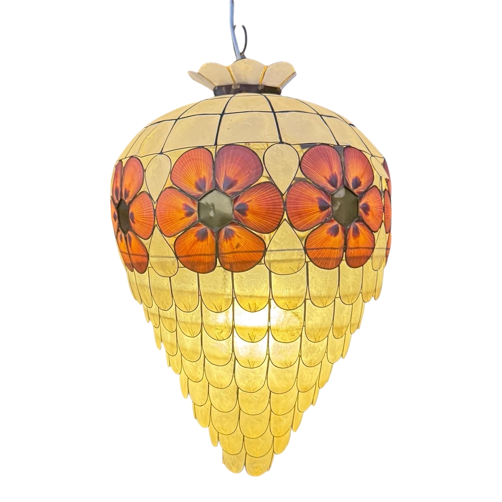 1960s Scalloped Capiz Shell Collapsible Pendant Light With Pink Floral Accents