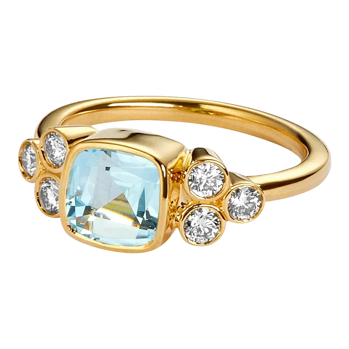 Syna Yellow Gold Blue Topaz Cushion Ring with Diamonds