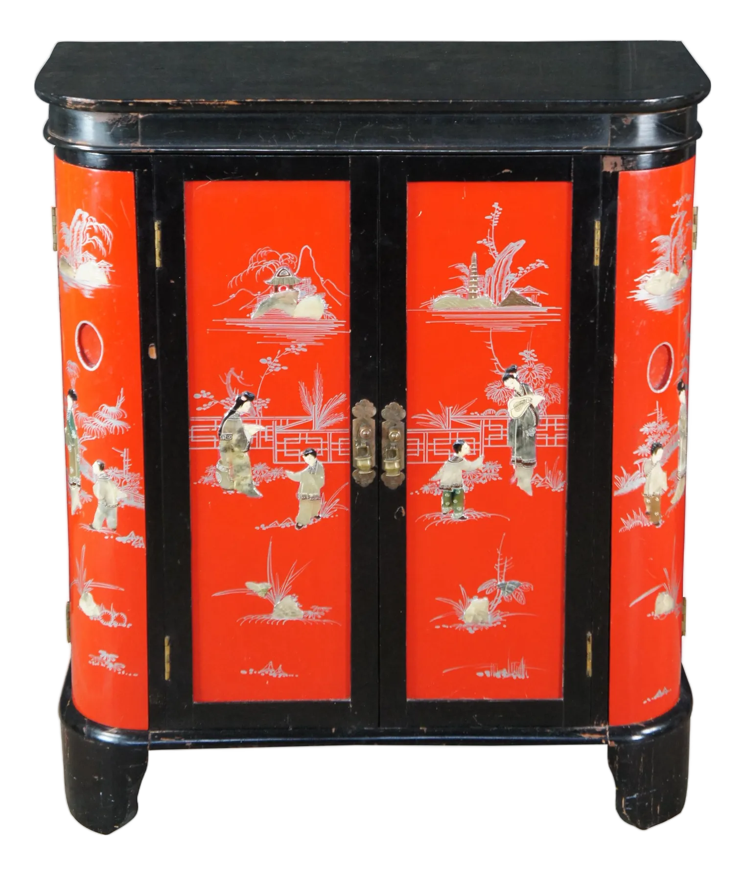 1960s Chinese Red & Black Lacquer Figural Soapstone Dry Bar