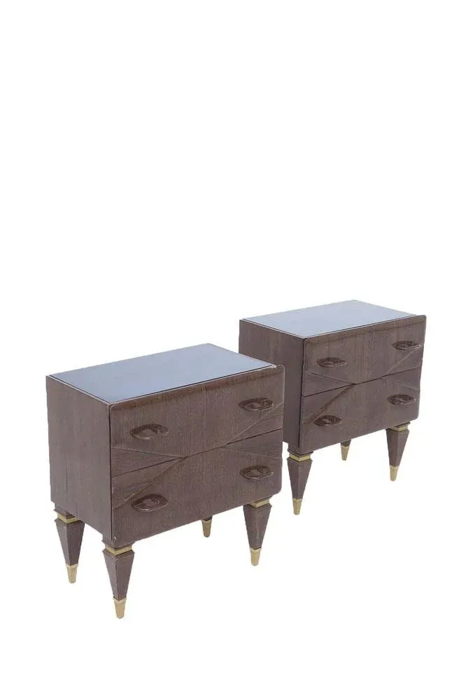 Mid-Century Italian Nightstands in Wood and Blue Glass, Set of 2